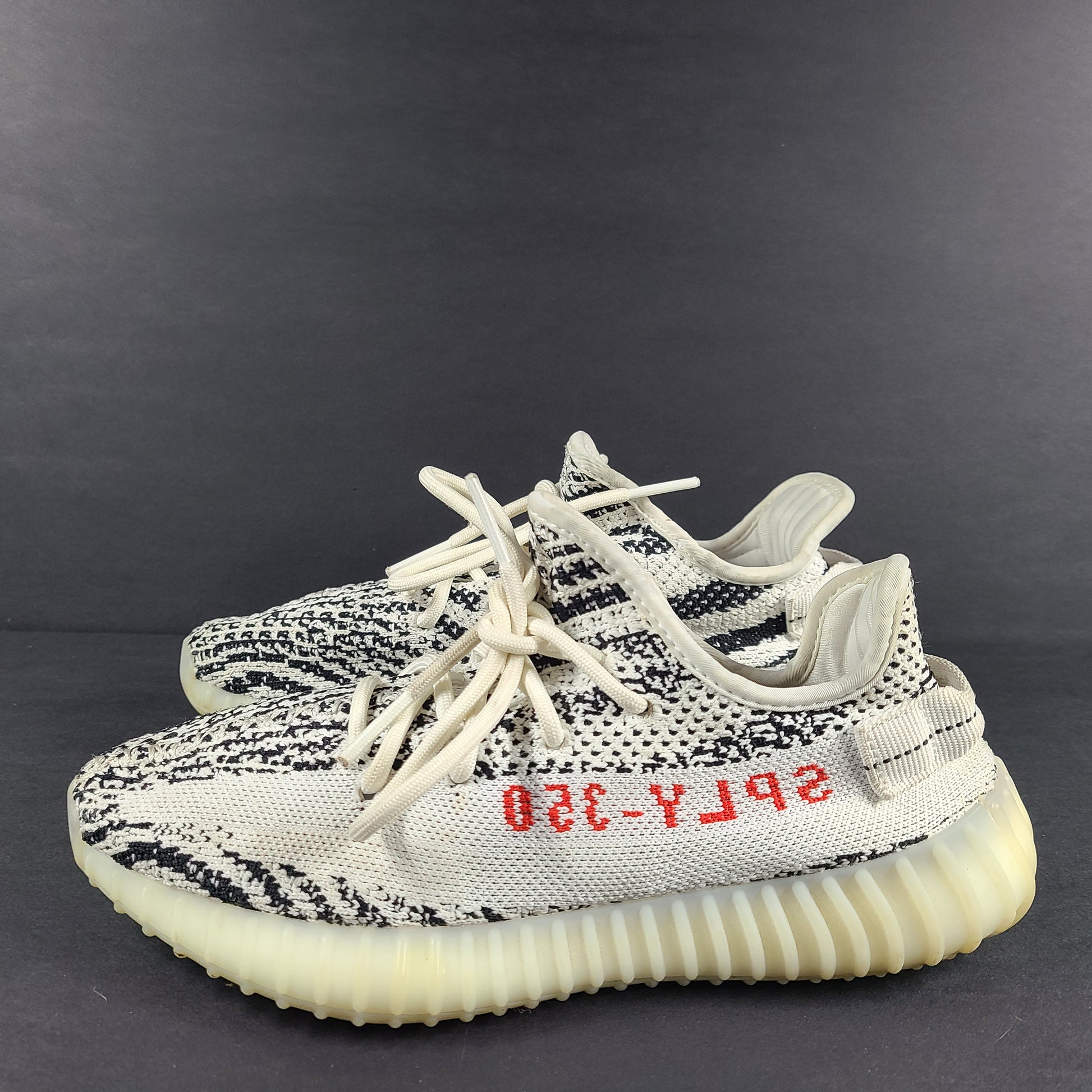 Adidas Yeezy Boost 350 V2 Zebra in white and black with red SPLY-350 branding, US size 6.