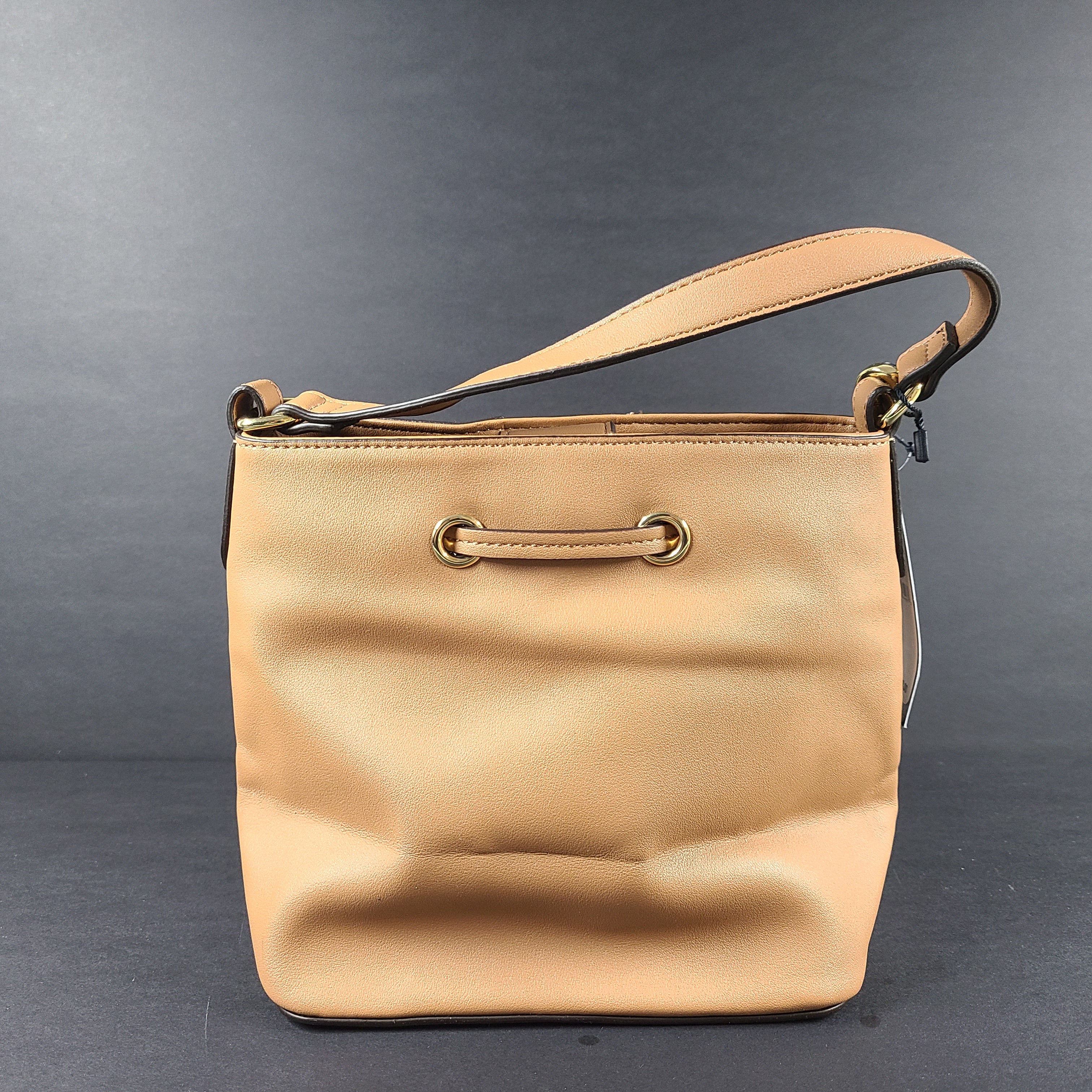 Tommy Hilfiger tan satchel with multicolor accents and signature branding for everyday use.