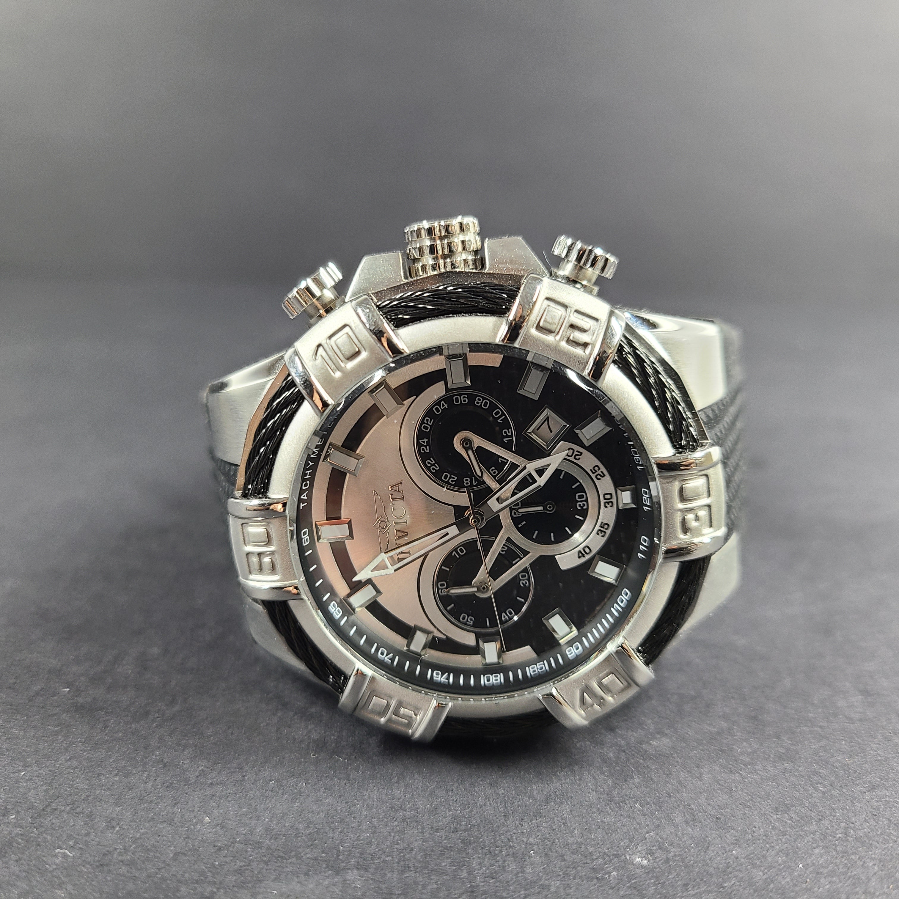 Invicta Bolt chronograph in stainless steel with silver and black tones.