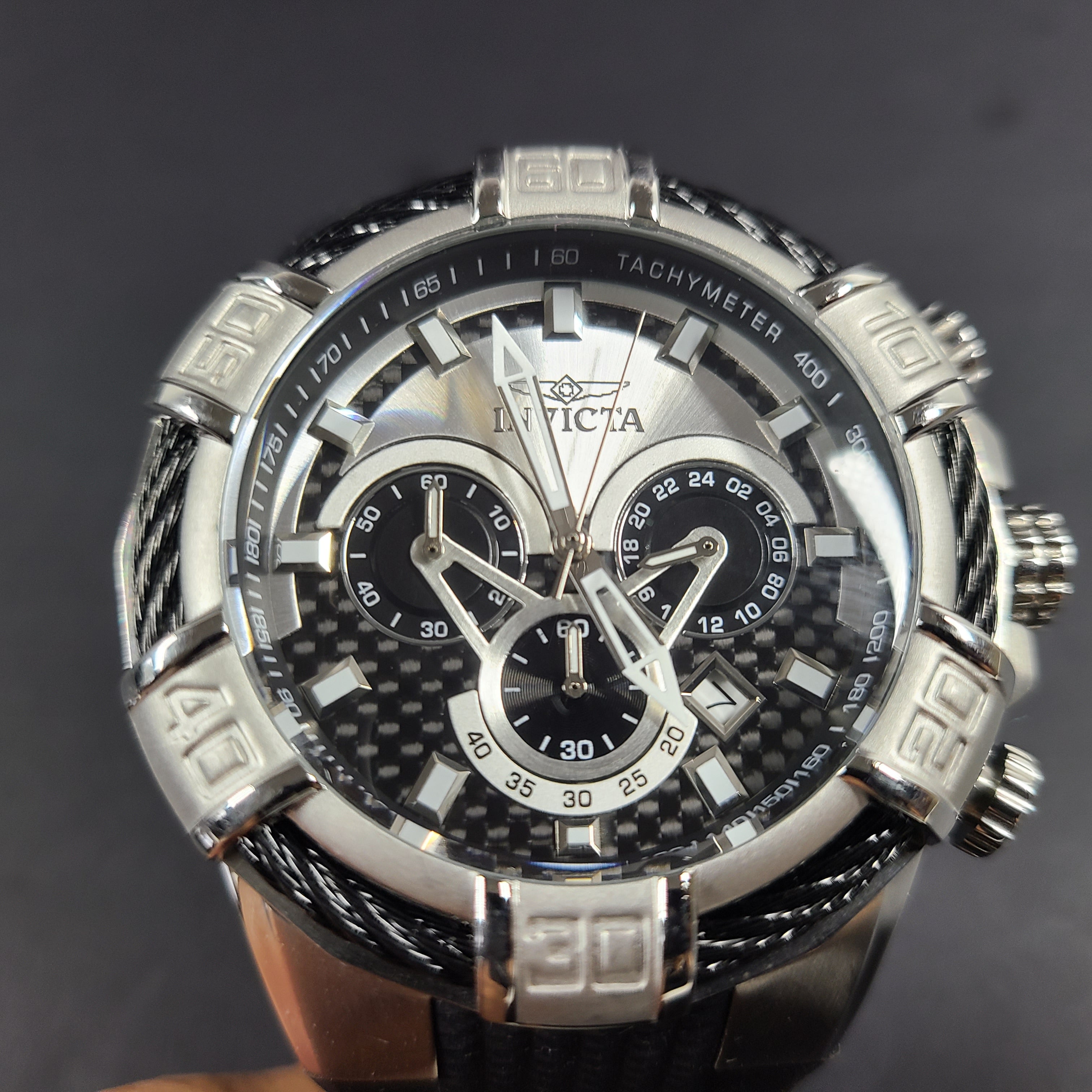 Invicta Bolt chronograph in stainless steel with silver and black tones.