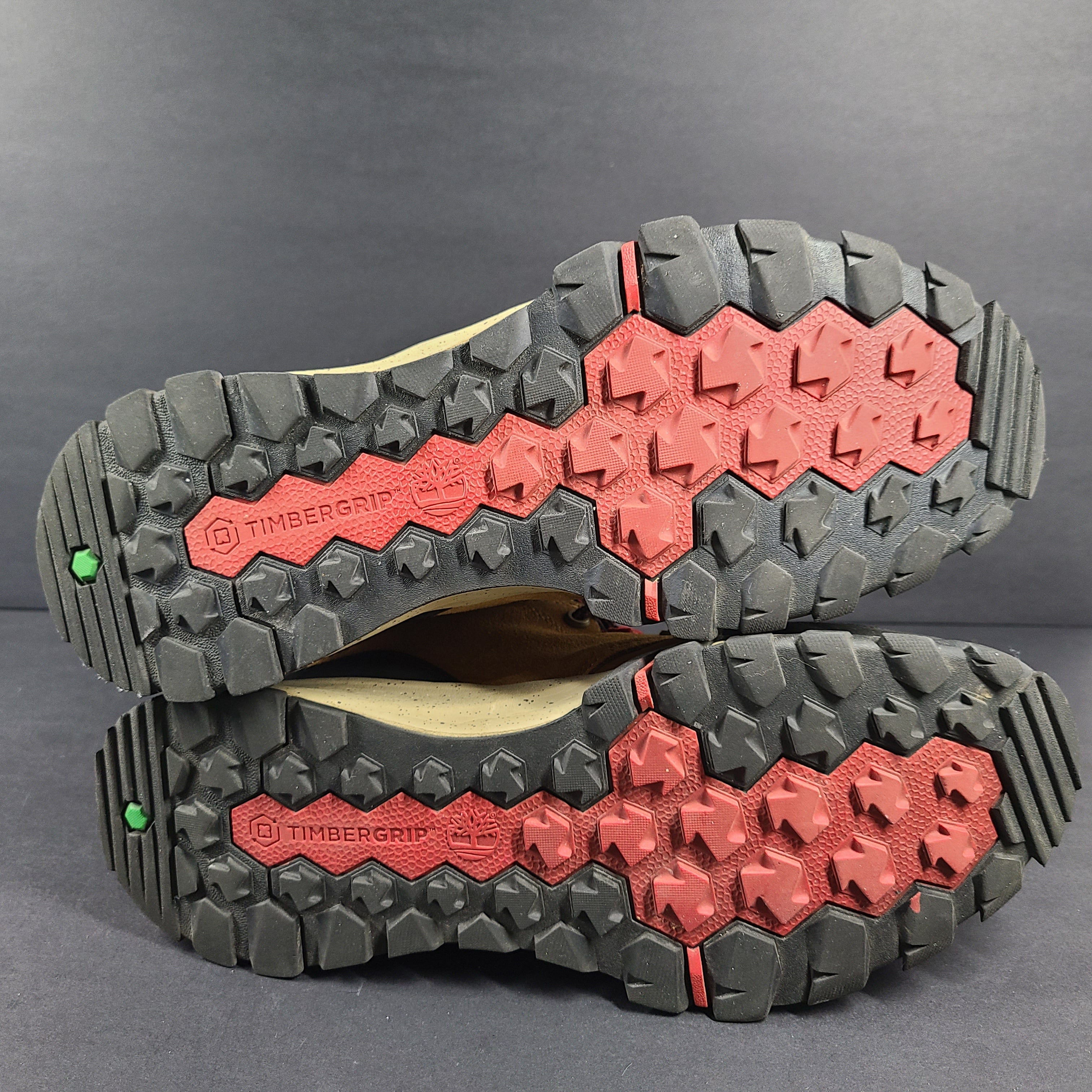 Timberland A23DV men's trail boots in brown and red with Timbergrip soles and US 9 sizing.