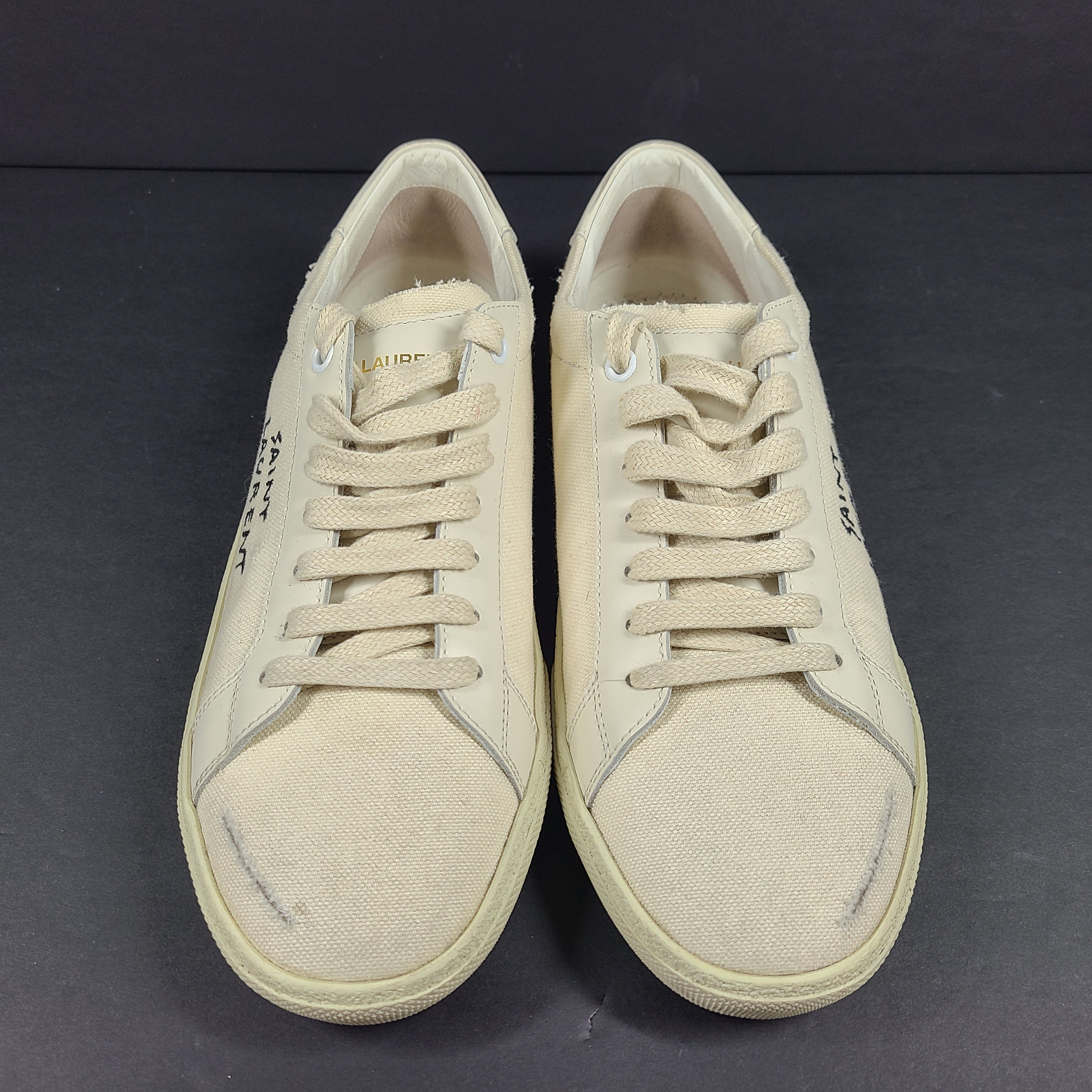 Beige Saint Laurent Court Classic SL/06 low-top sneakers with branded tongue and side text, EU 38½.