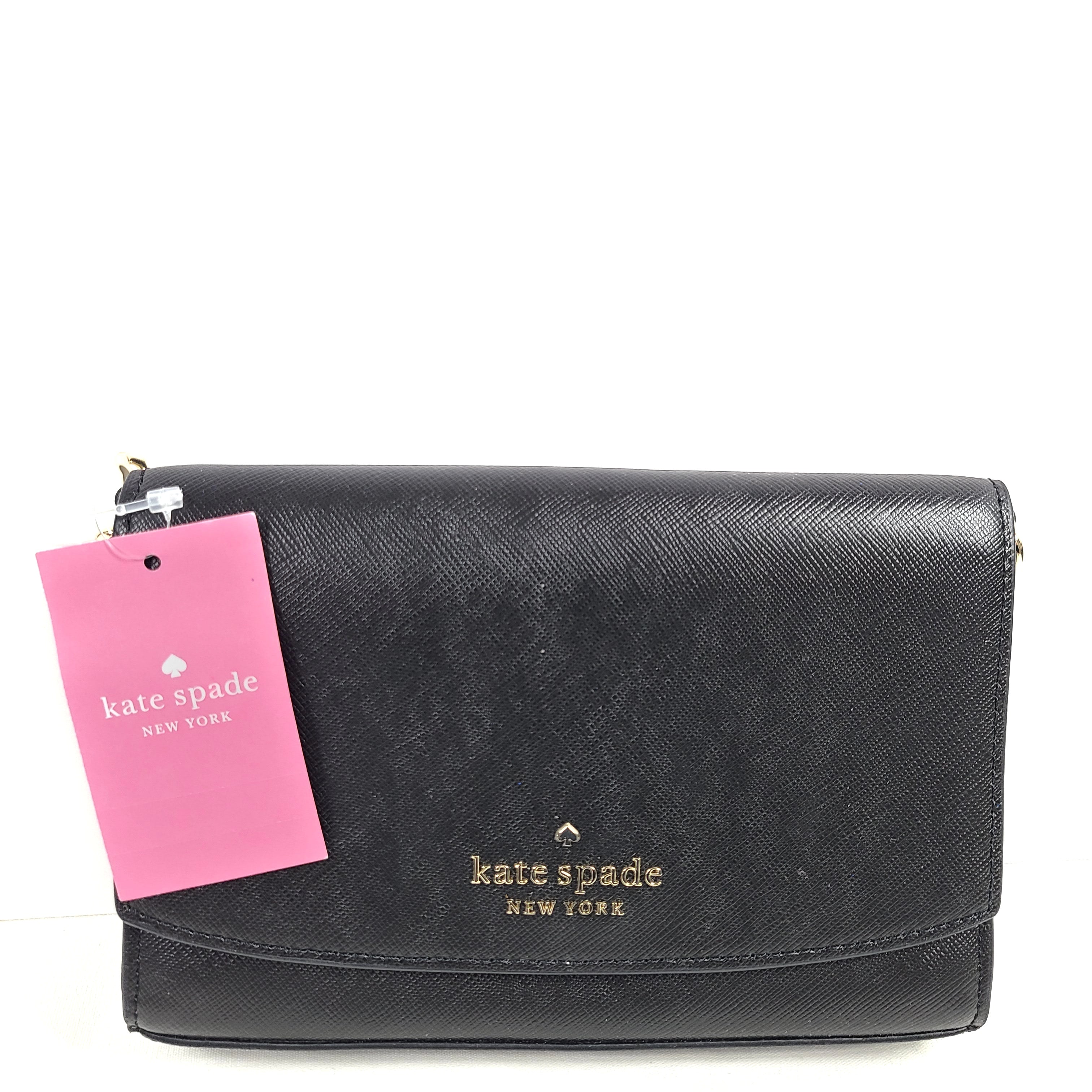Kate Spade Staci small flip crossbody in black saffiano leather with a sleek silhouette and adjustable strap.
