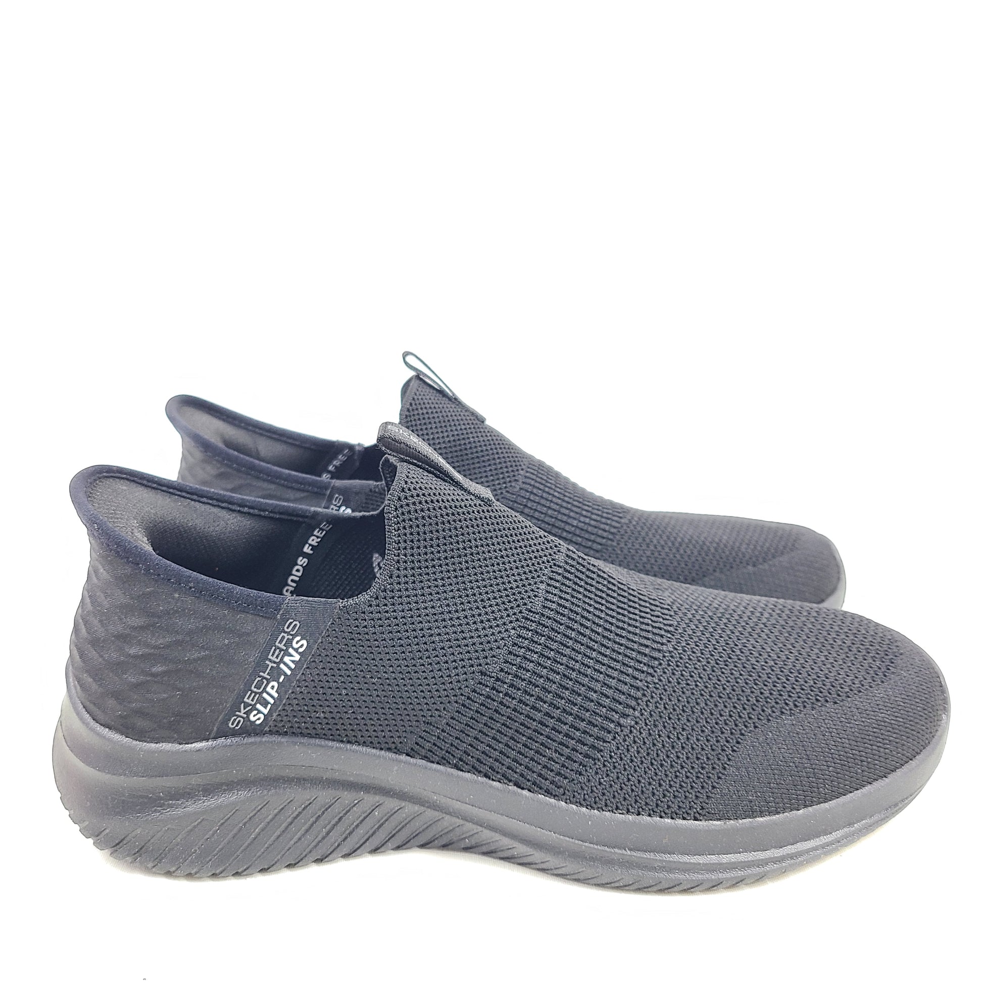 Black Skechers Slip-Ins Ultra Flex 3.0 men's slip-on shoes featuring knit upper and cushioned Air-Cooled Memory Foam for comfortable daily wear.