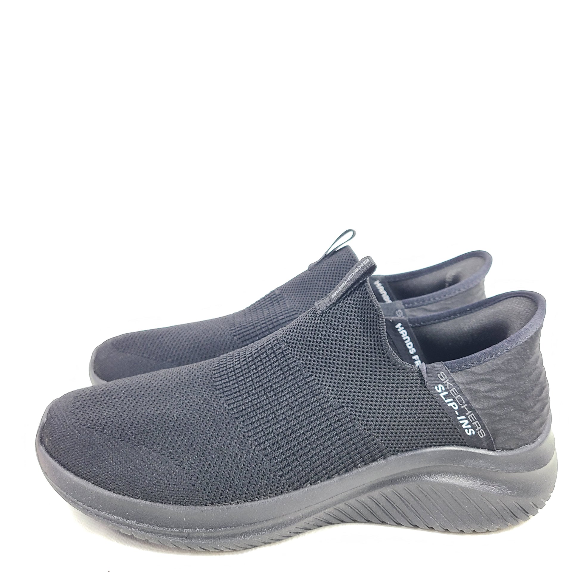 Black Skechers Slip-Ins Ultra Flex 3.0 men's slip-on shoes featuring knit upper and cushioned Air-Cooled Memory Foam for comfortable daily wear.