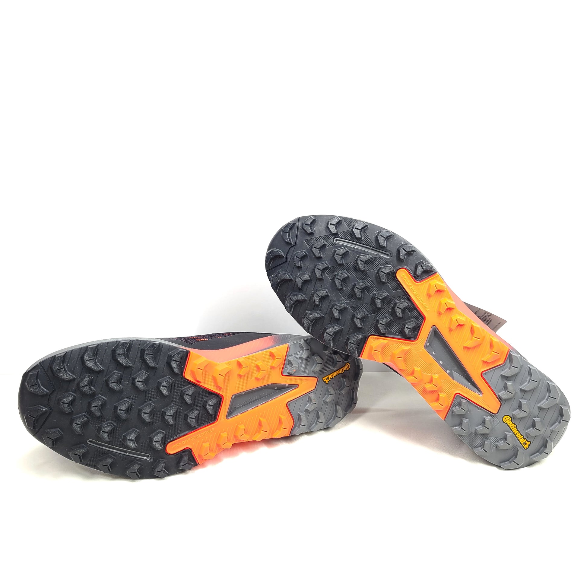 Black, orange, and gray Adidas Terrex Agravic Flow trail running shoe in US size 8 with responsive cushioning and a grippy outsole.
