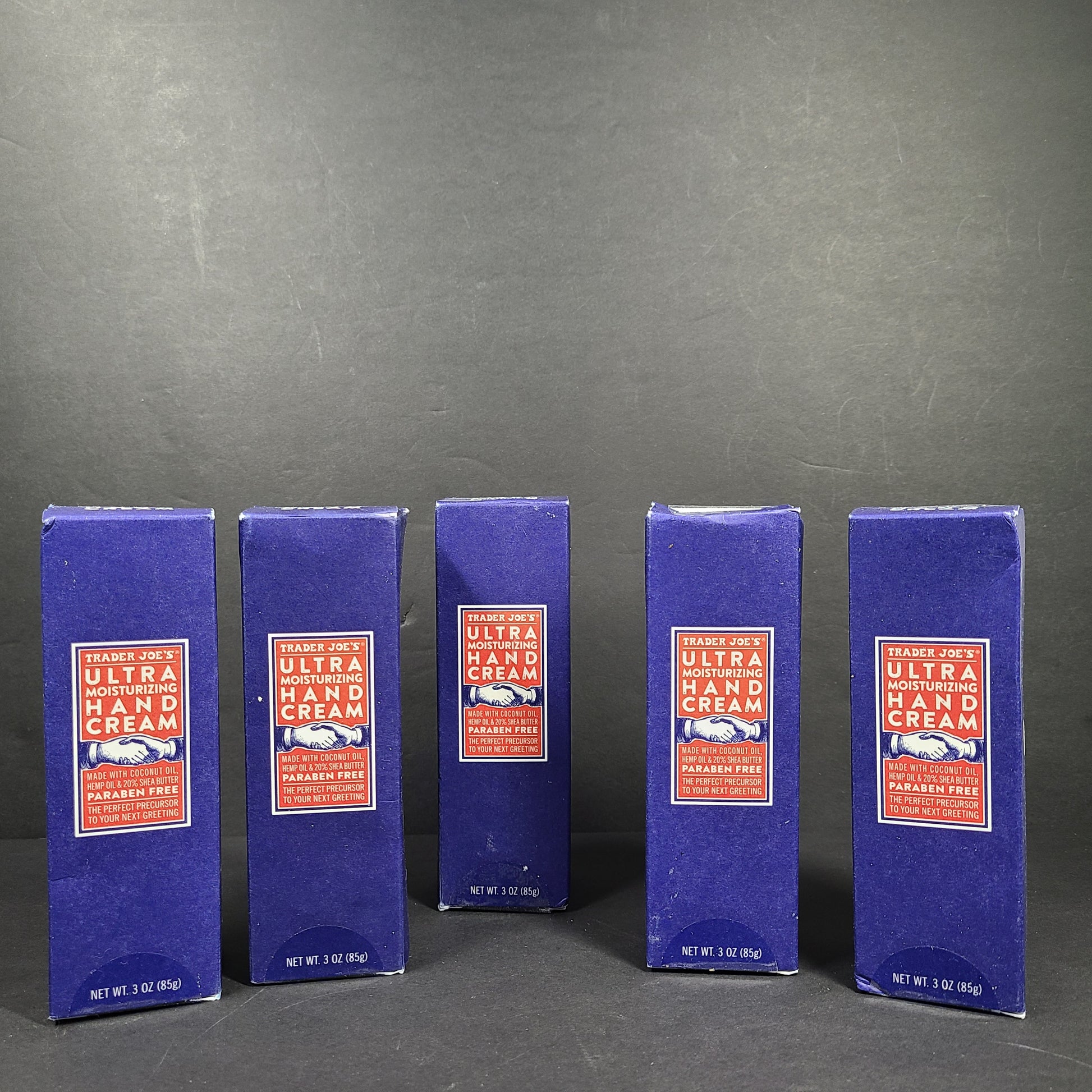 Trader Joe's Ultra Moisturizing Hand Cream 3 oz tube in blue box formulated with shea butter, coconut oil, and hemp seed oil.