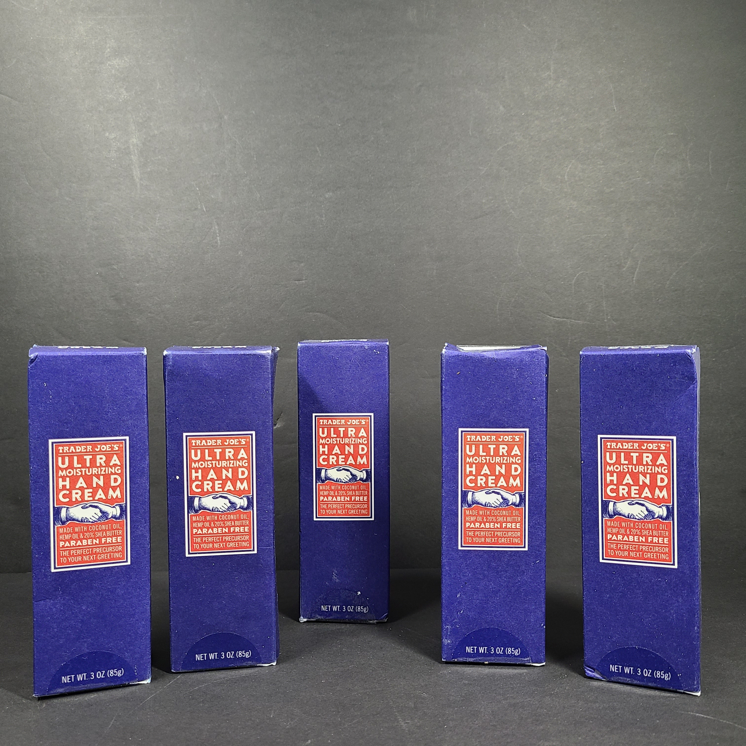 Trader Joe's Ultra Moisturizing Hand Cream 3 oz tube in blue box formulated with shea butter, coconut oil, and hemp seed oil.