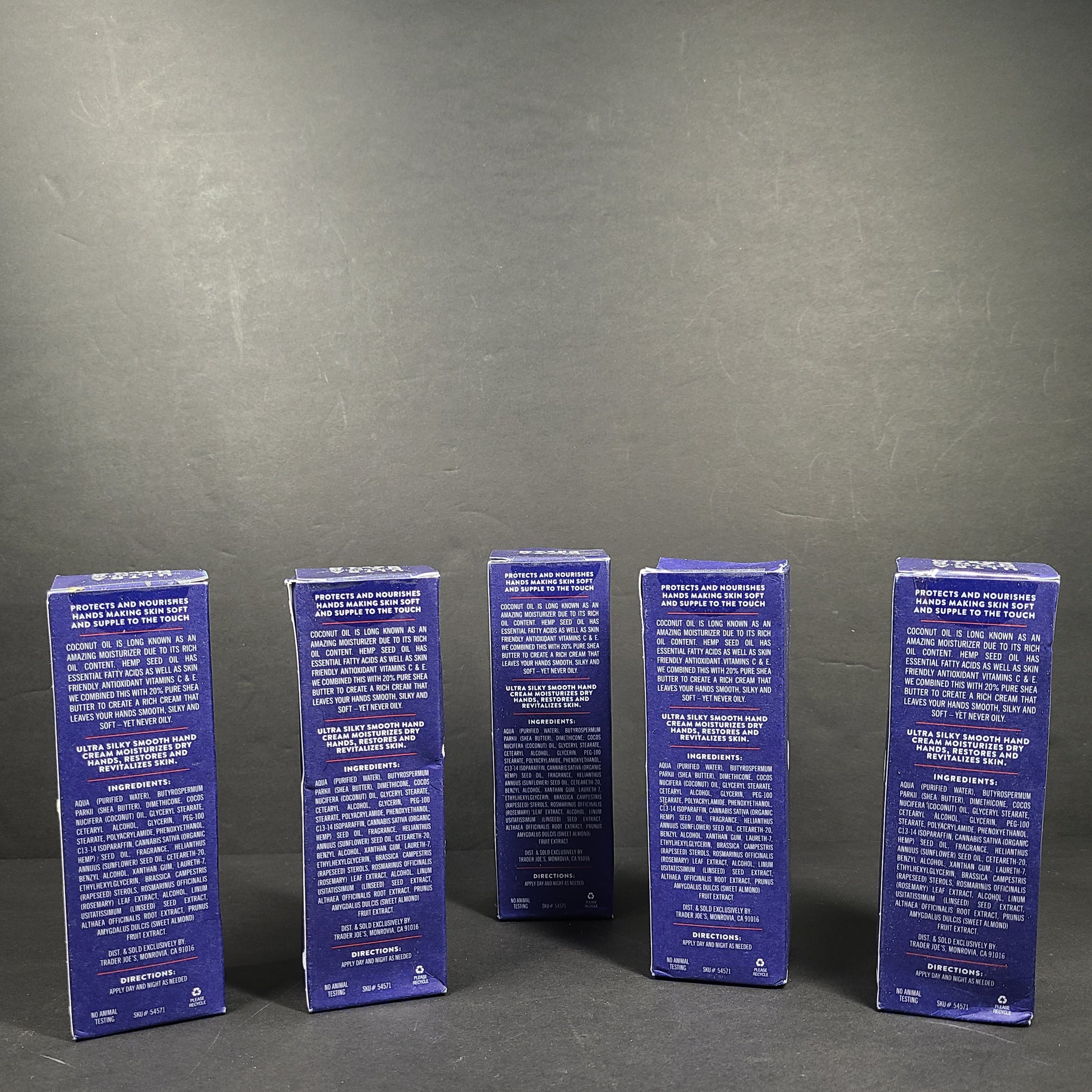 Trader Joe's Ultra Moisturizing Hand Cream 3 oz tube in blue box formulated with shea butter, coconut oil, and hemp seed oil.