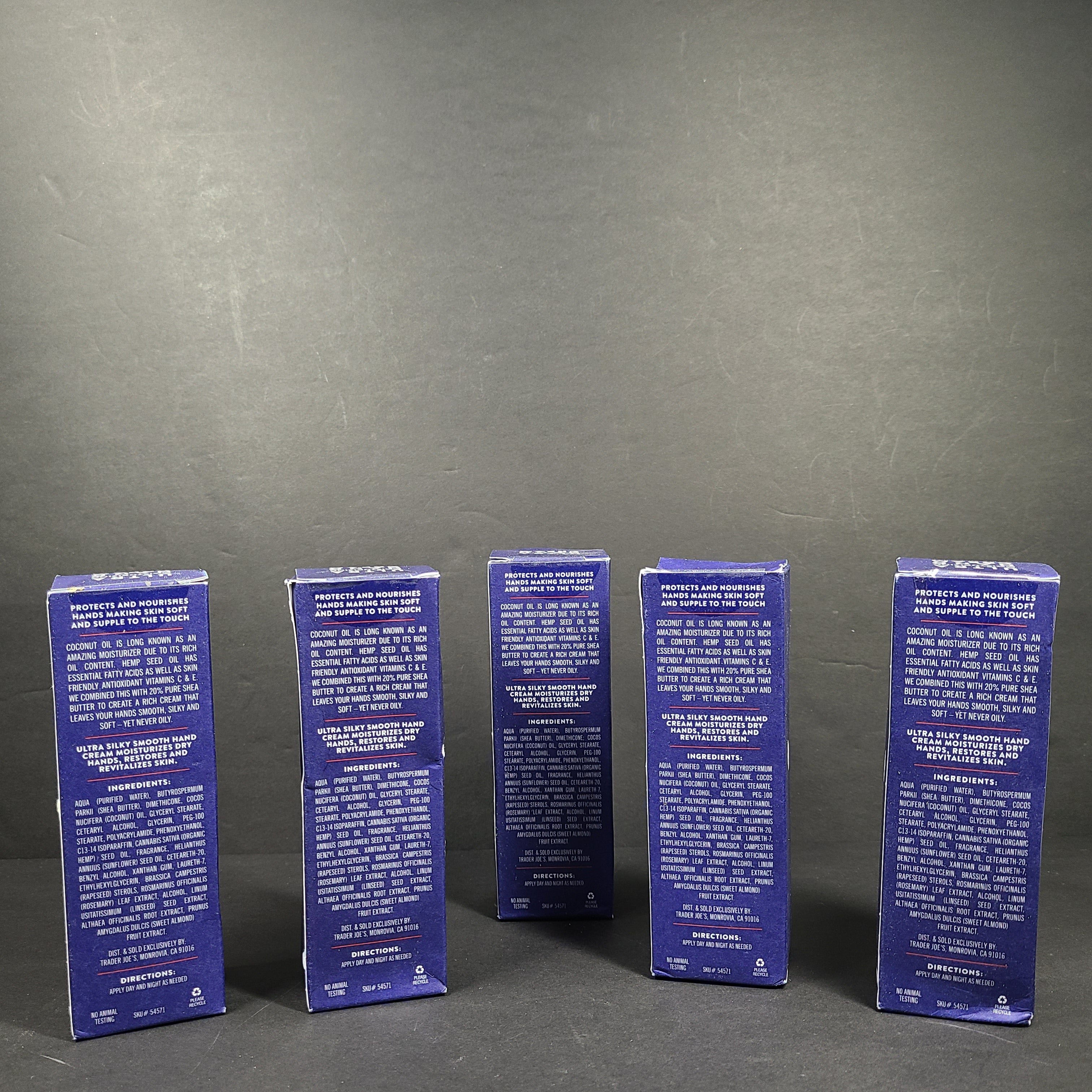 Trader Joe's Ultra Moisturizing Hand Cream 3 oz tube in blue box formulated with shea butter, coconut oil, and hemp seed oil.