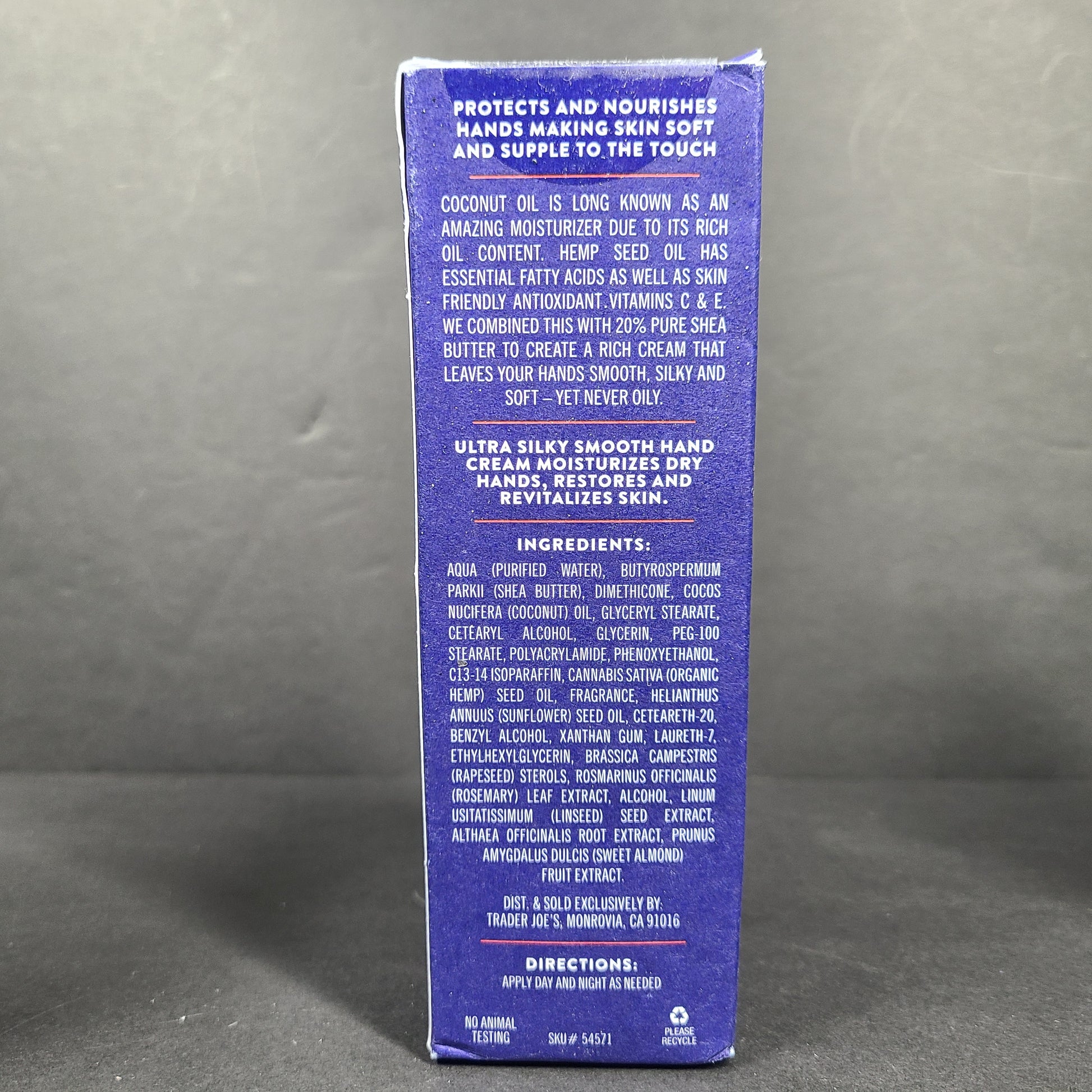 Trader Joe's Ultra Moisturizing Hand Cream 3 oz tube in blue box formulated with shea butter, coconut oil, and hemp seed oil.