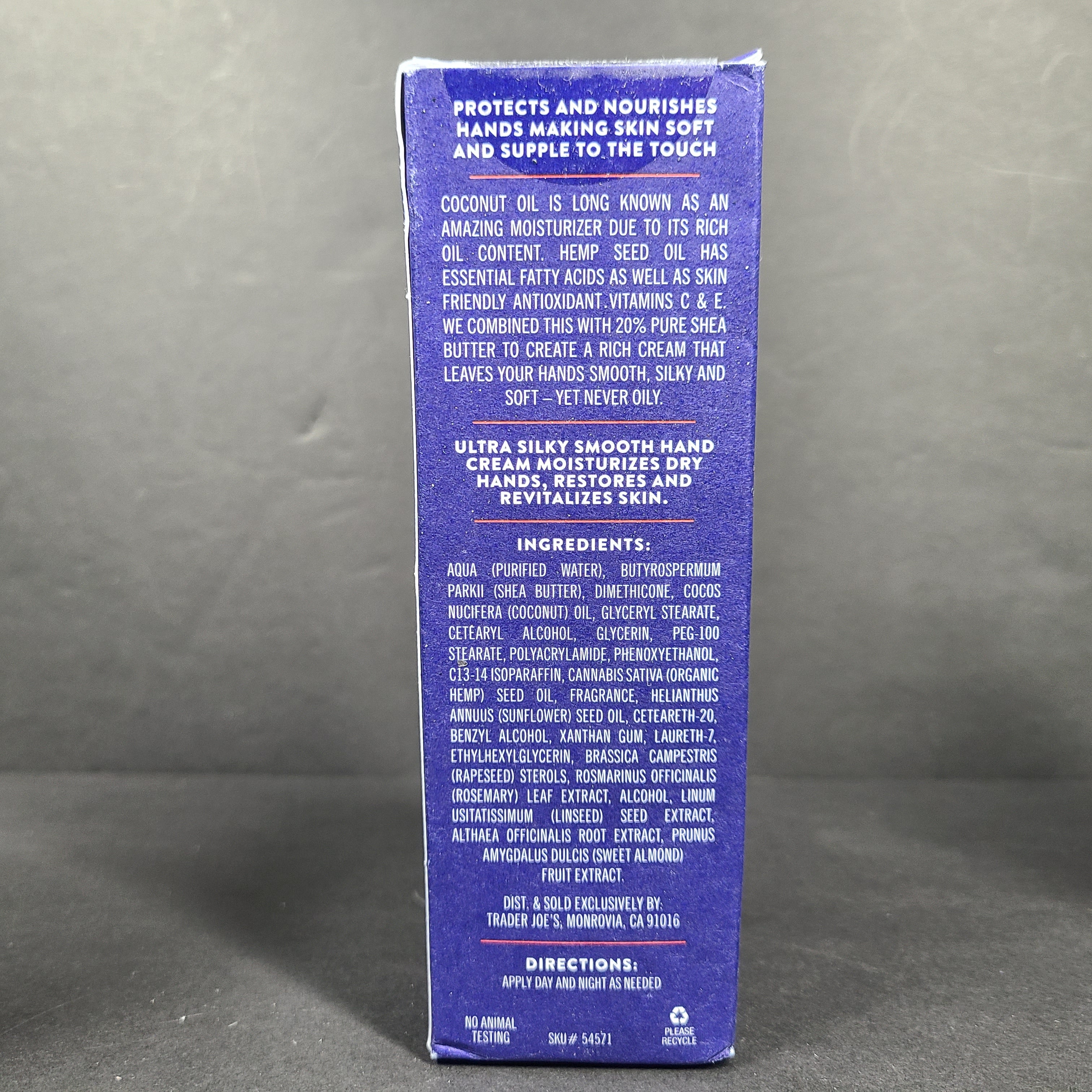 Trader Joe's Ultra Moisturizing Hand Cream 3 oz tube in blue box formulated with shea butter, coconut oil, and hemp seed oil.