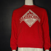Roots Beaver Canoe Relaxed Crew sweater in jam red, size XS, with a relaxed crewneck silhouette.