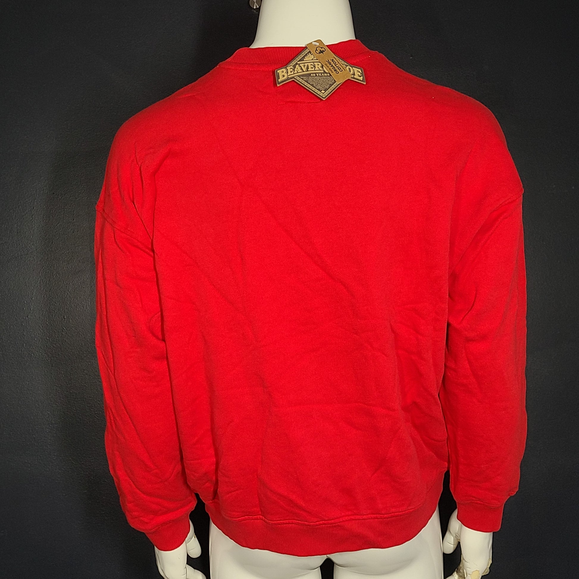 Roots Beaver Canoe Relaxed Crew sweater in jam red, size XS, with a relaxed crewneck silhouette.