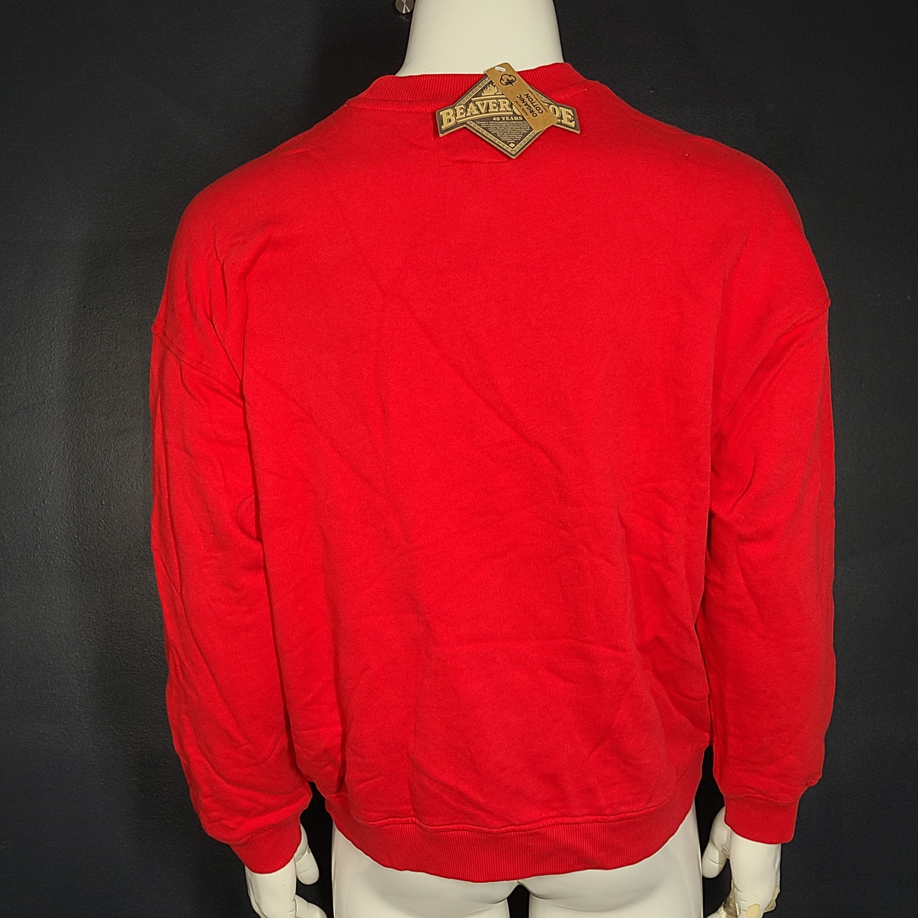 Roots Beaver Canoe Relaxed Crew sweater in jam red, size XS, with a relaxed crewneck silhouette.