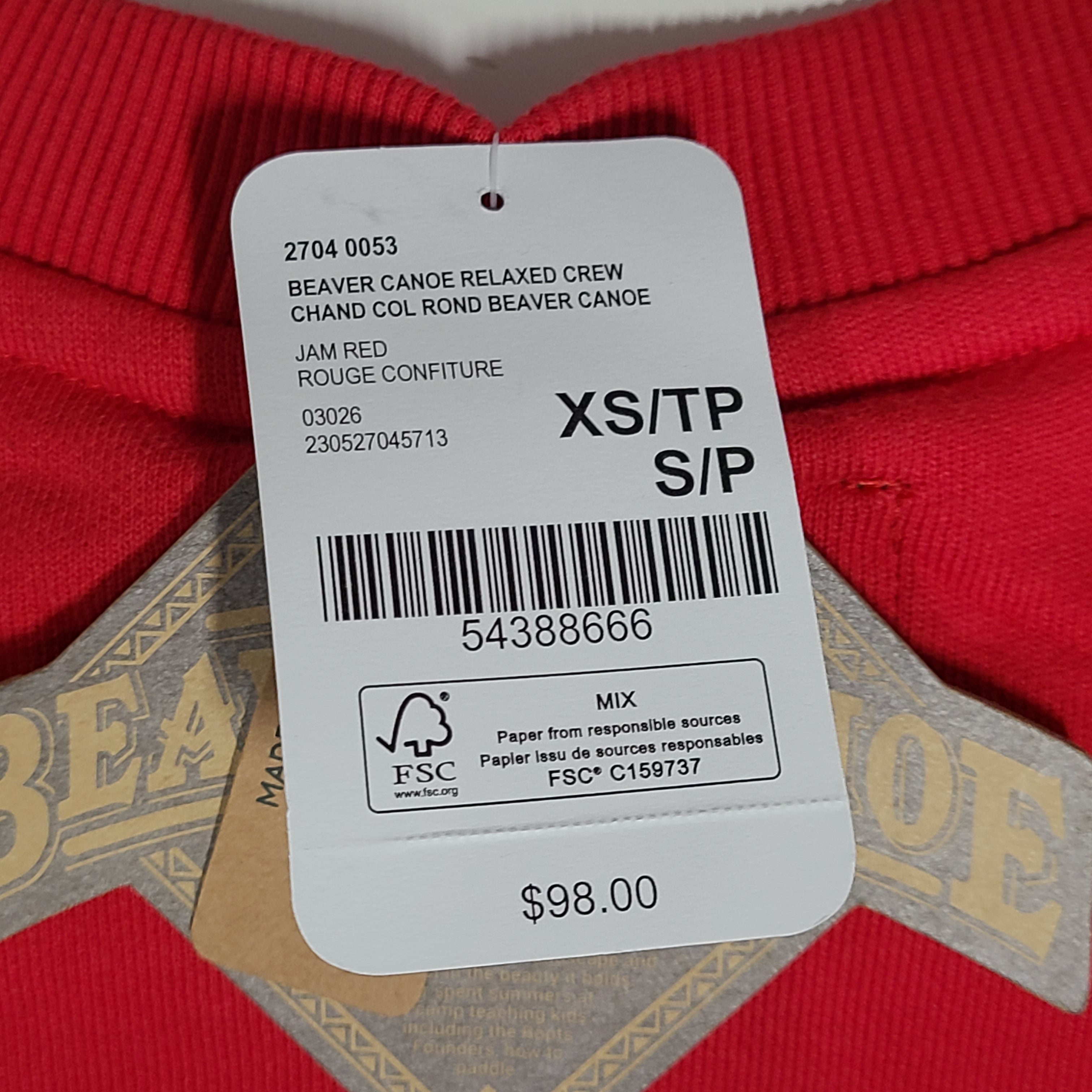 Roots Beaver Canoe Relaxed Crew sweater in jam red, size XS, with a relaxed crewneck silhouette.