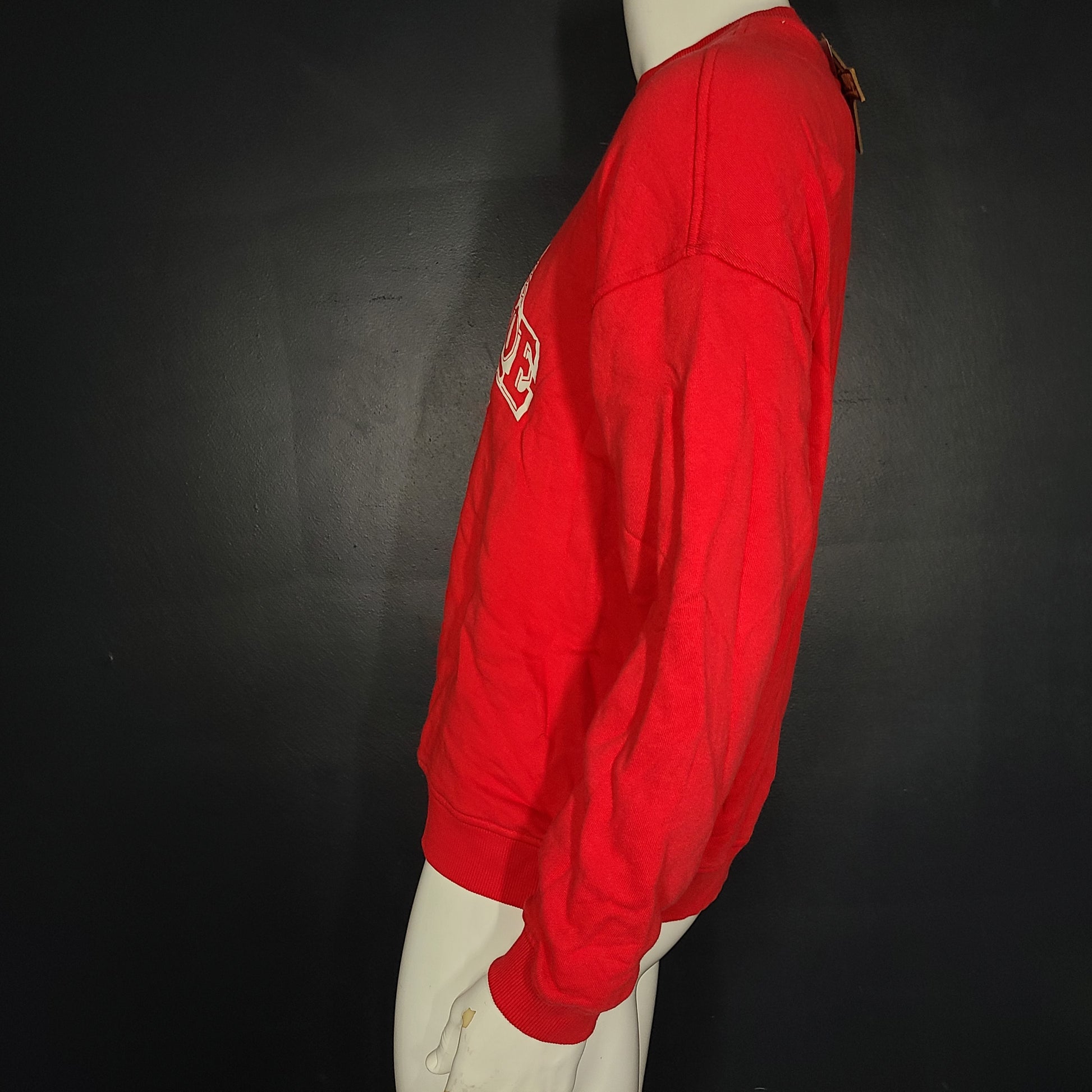 Roots Beaver Canoe Relaxed Crew sweater in jam red, size XS, with a relaxed crewneck silhouette.