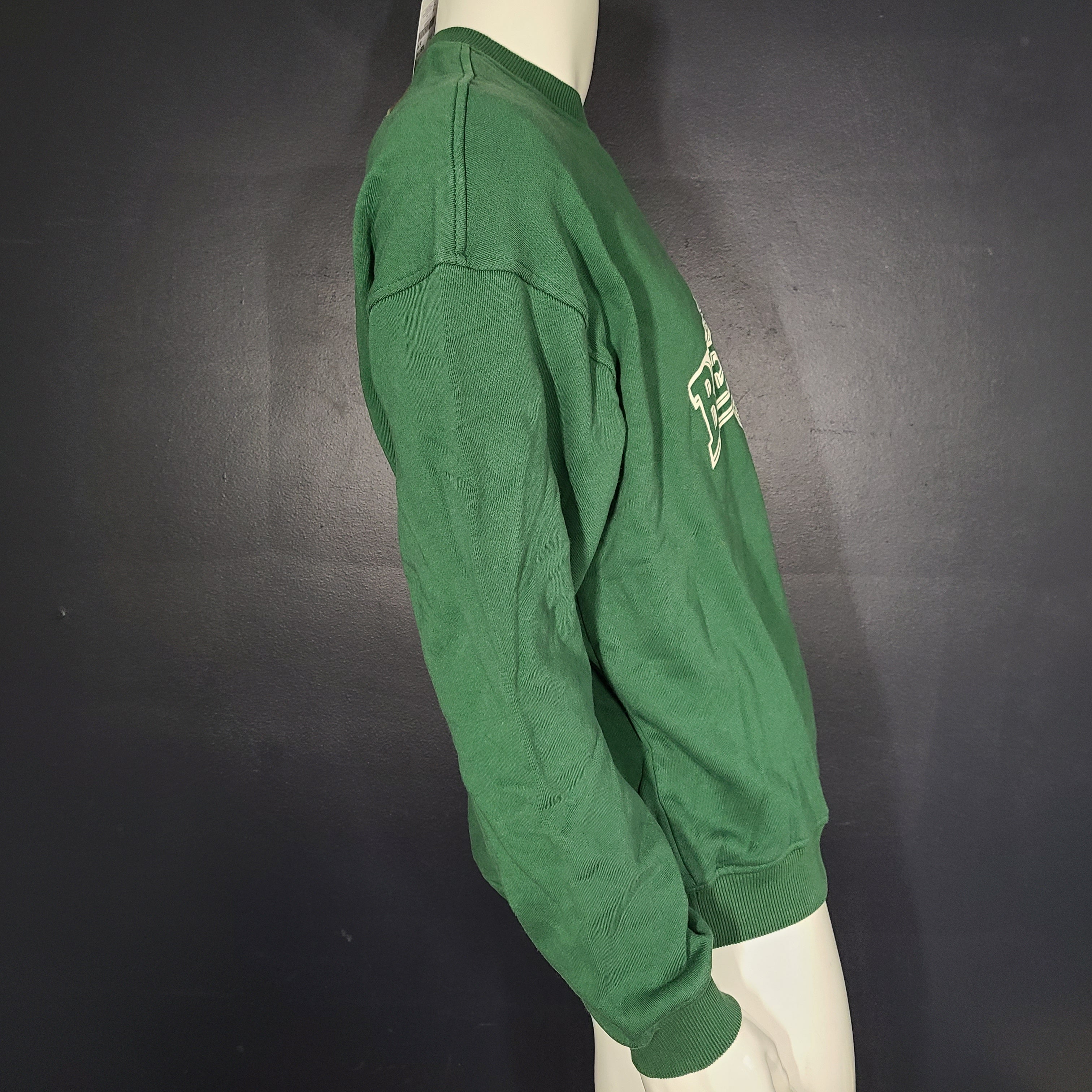 Roots Beaver Canoe Relaxed Crew Sweatshirt in forest green, size XS, with a relaxed crew fit and organic cotton construction.
