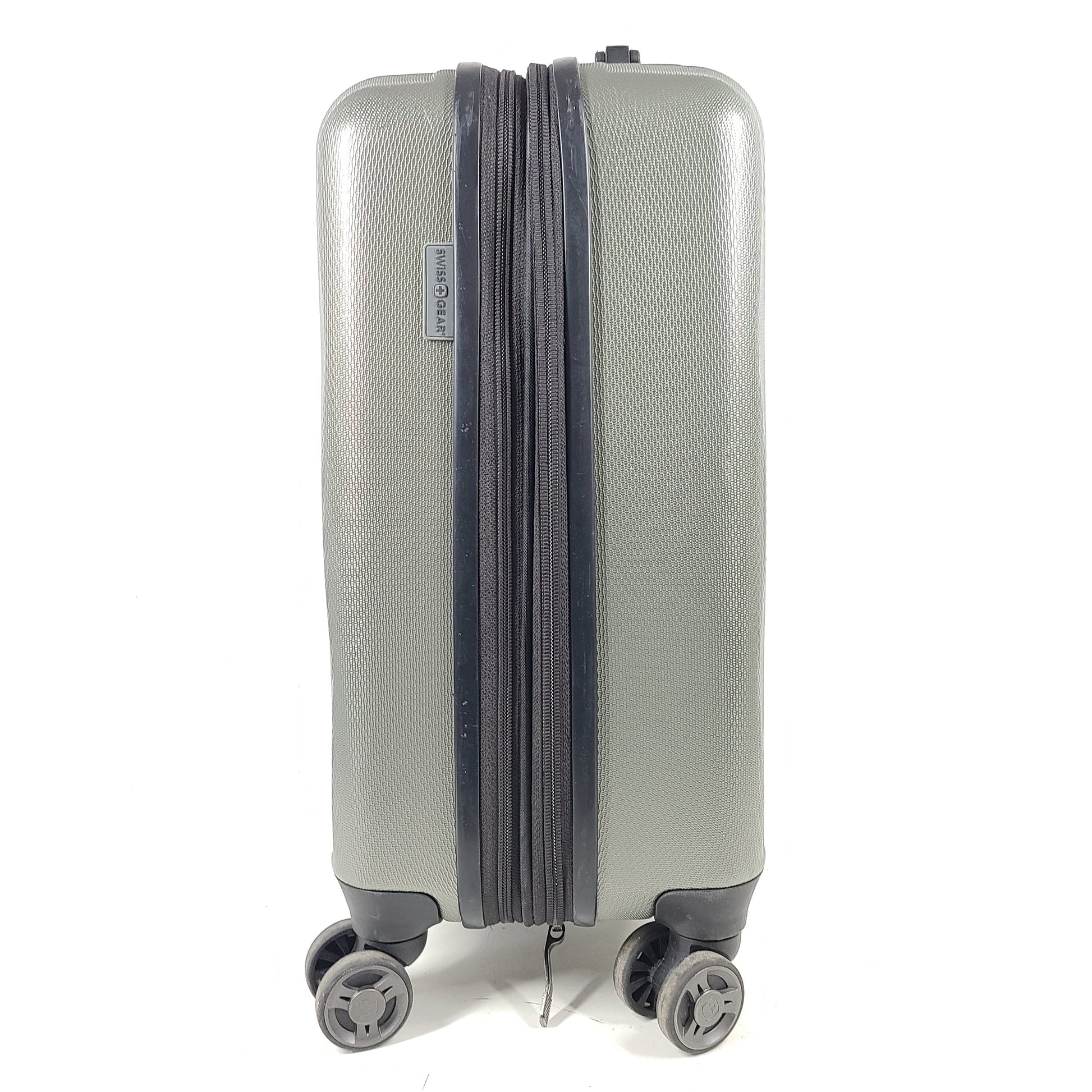Swiss Gear silver hardside suitcase with embossed logo and light scuffs from regular use.
