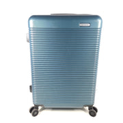 Samsonite blue hard-shell spinner luggage with front branding and a clean interior.