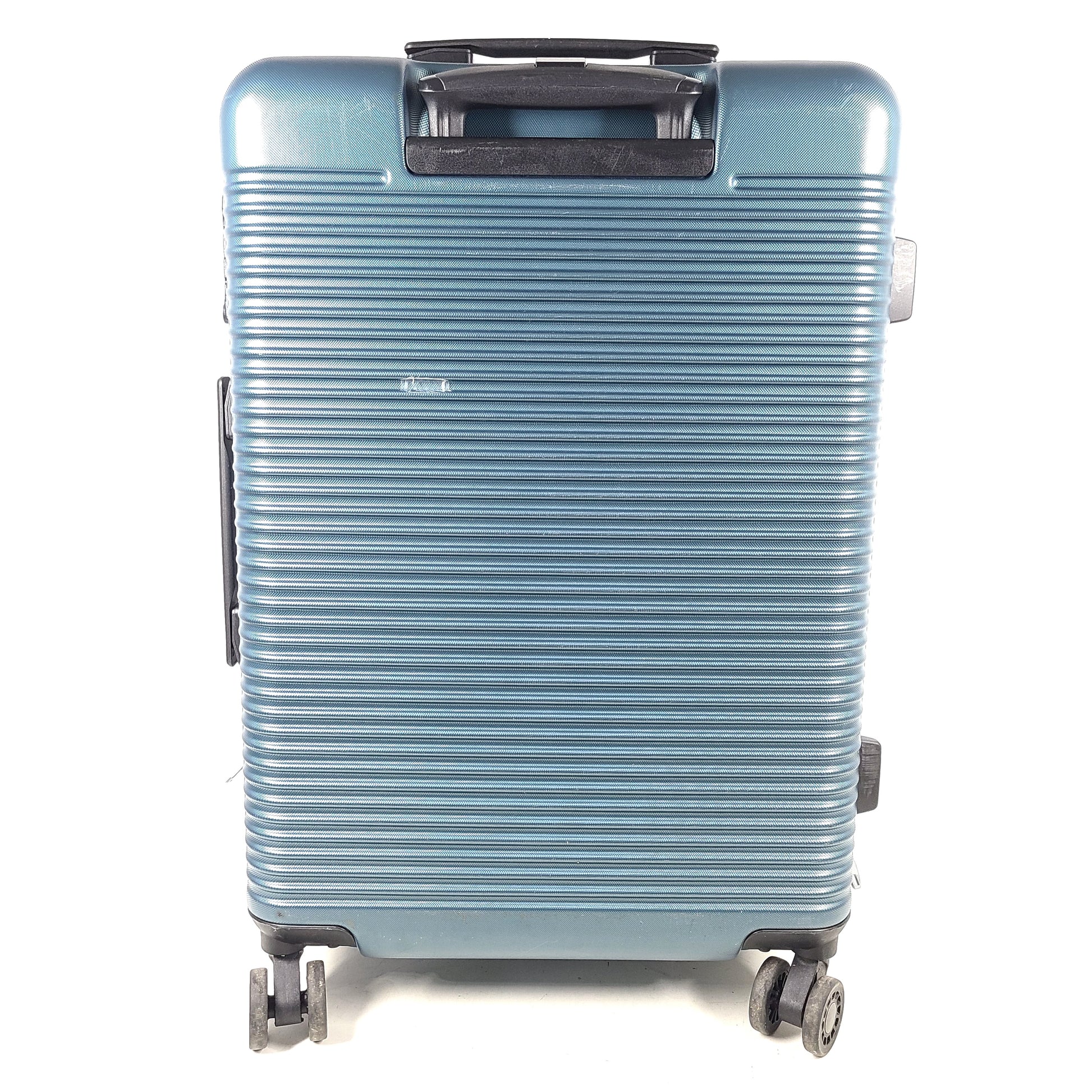 Samsonite blue hard-shell spinner luggage with front branding and a clean interior.