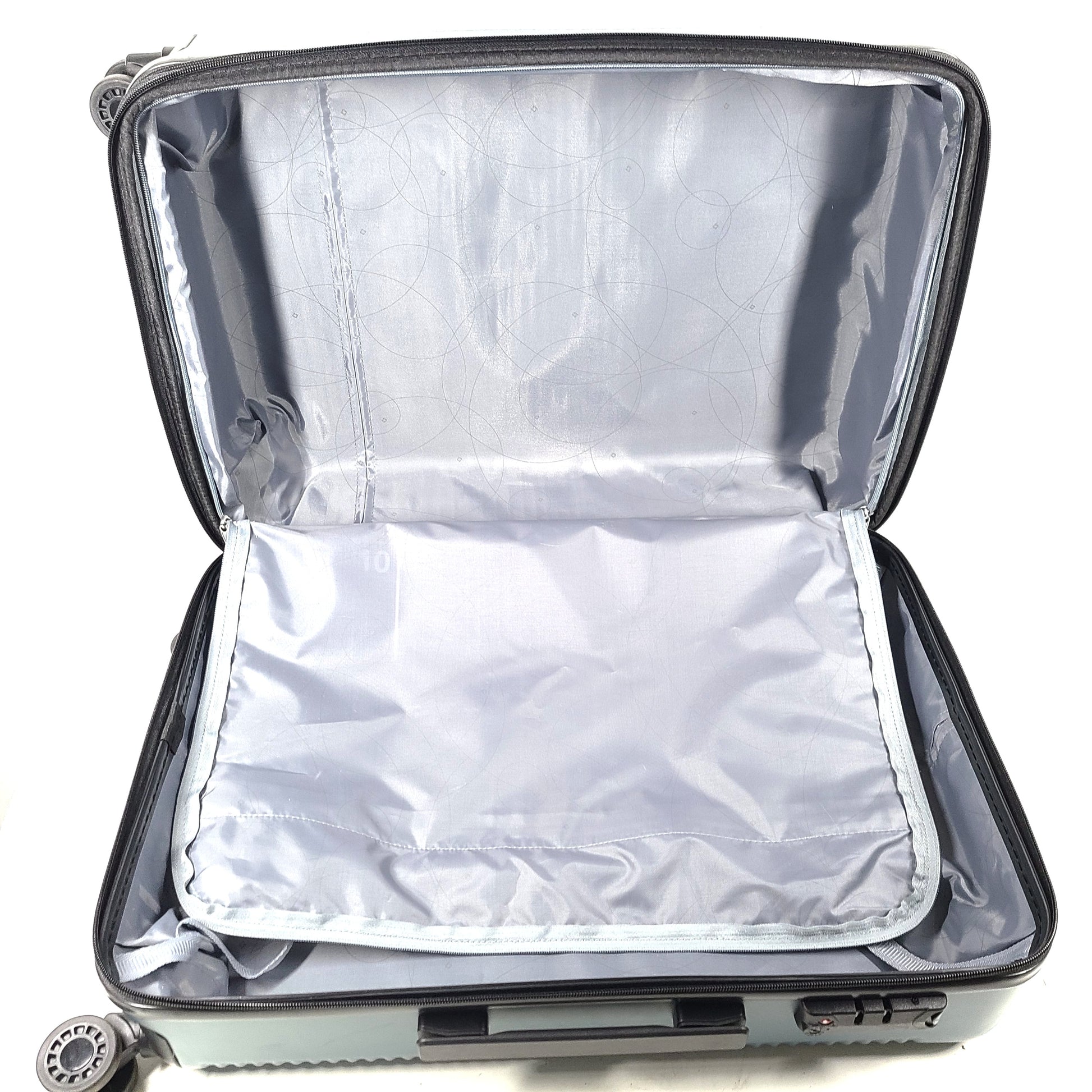 Samsonite blue hard-shell spinner luggage with front branding and a clean interior.