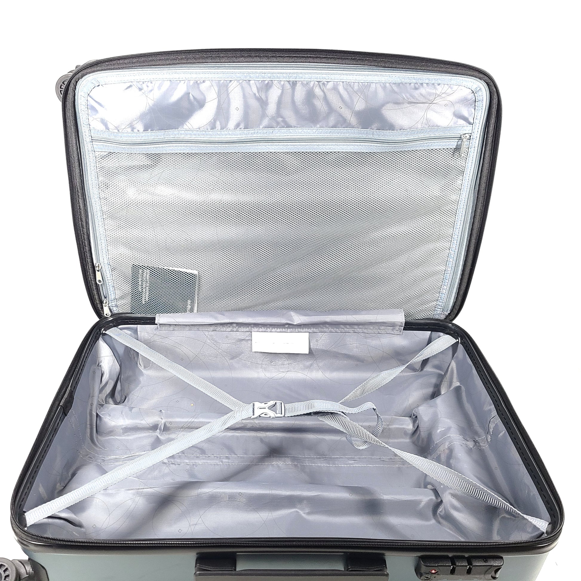 Samsonite blue hard-shell spinner luggage with front branding and a clean interior.