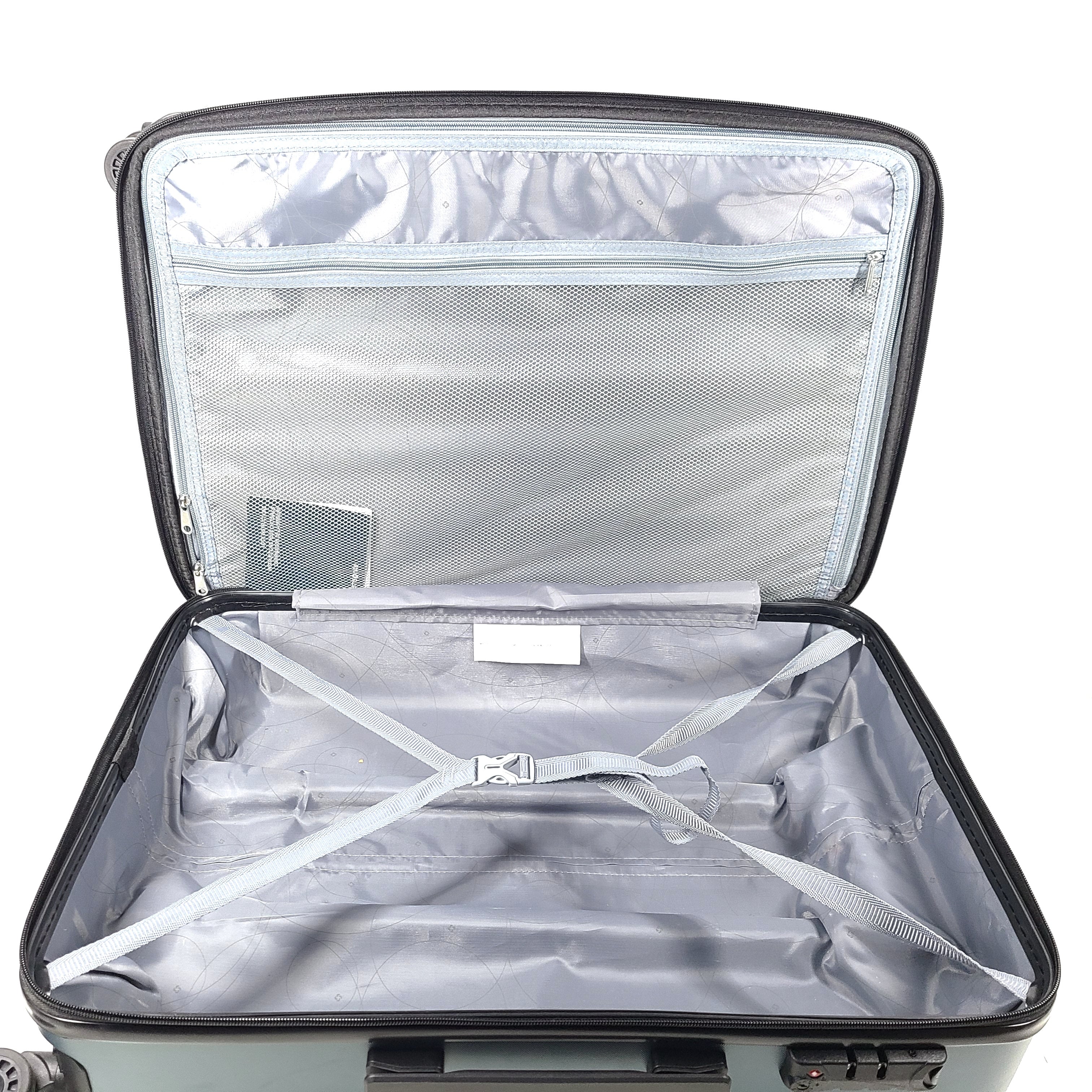 Samsonite blue hard-shell spinner luggage with front branding and a clean interior.