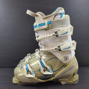 Pair of Head Adapt Edge 100 ski boots in transparent, white and blue with Energy Frame and Soft Walk heel for supportive alpine performance.