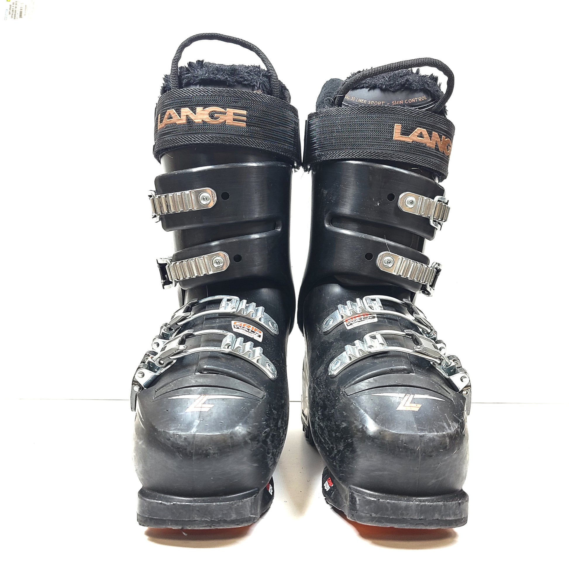 Lange Dual Core GripWalk ski boots in black, size 24-24.5 with 286 mm sole length.