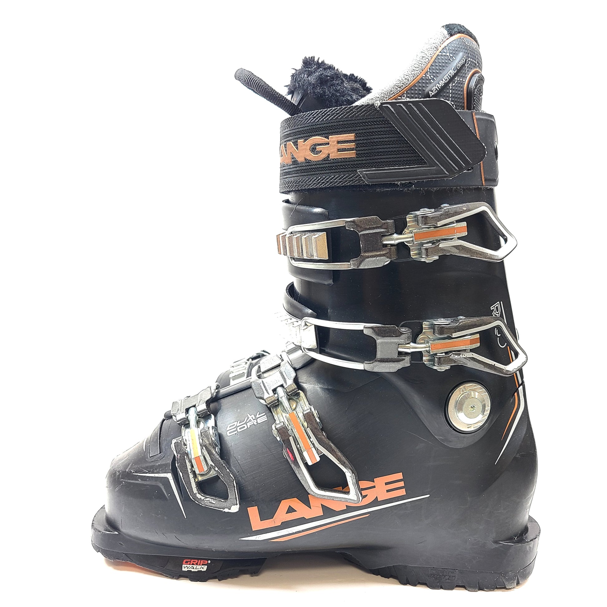 Lange Dual Core GripWalk ski boots in black, size 24-24.5 with 286 mm sole length.