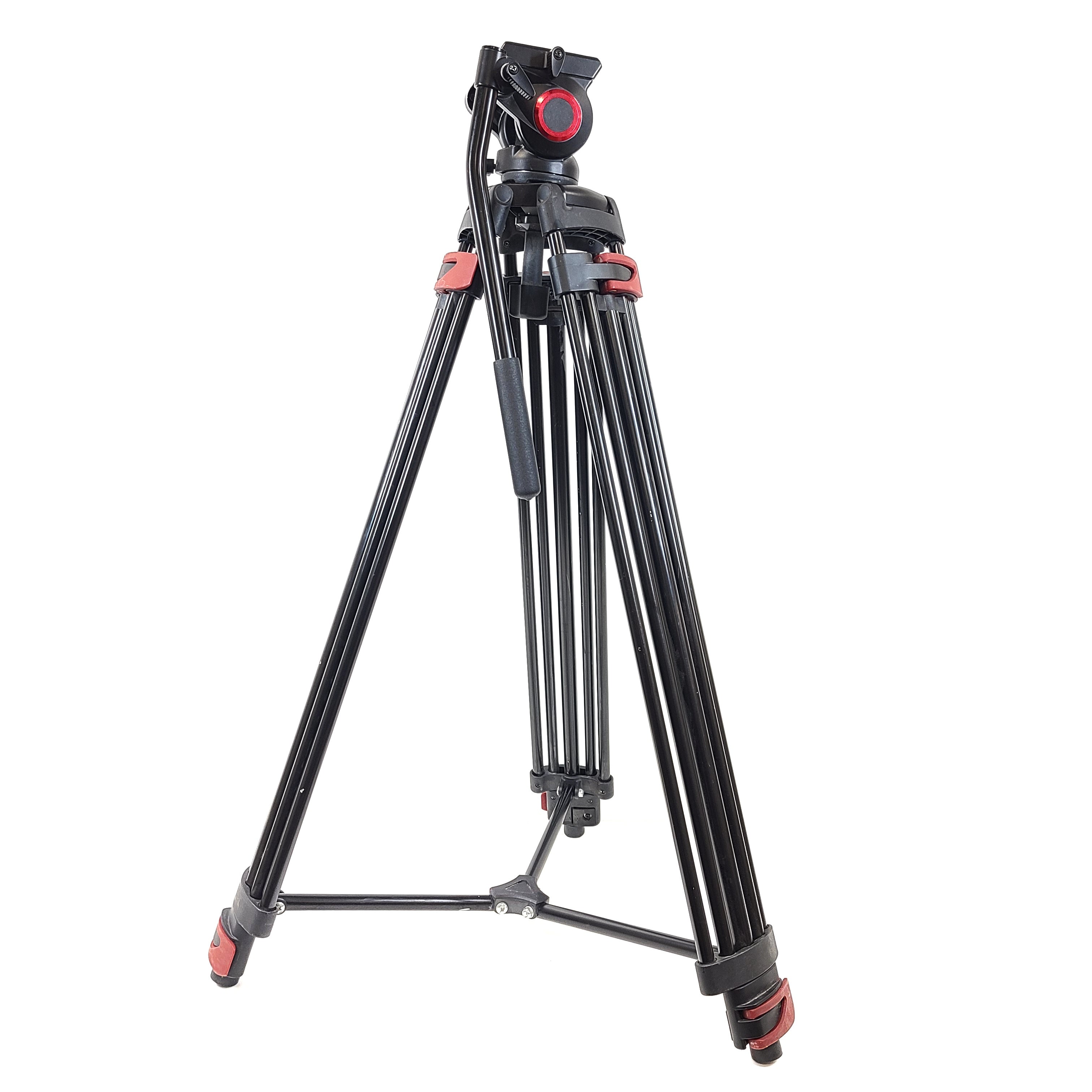Neewer black and red tripod with a fluid head and a directional lock on the head.