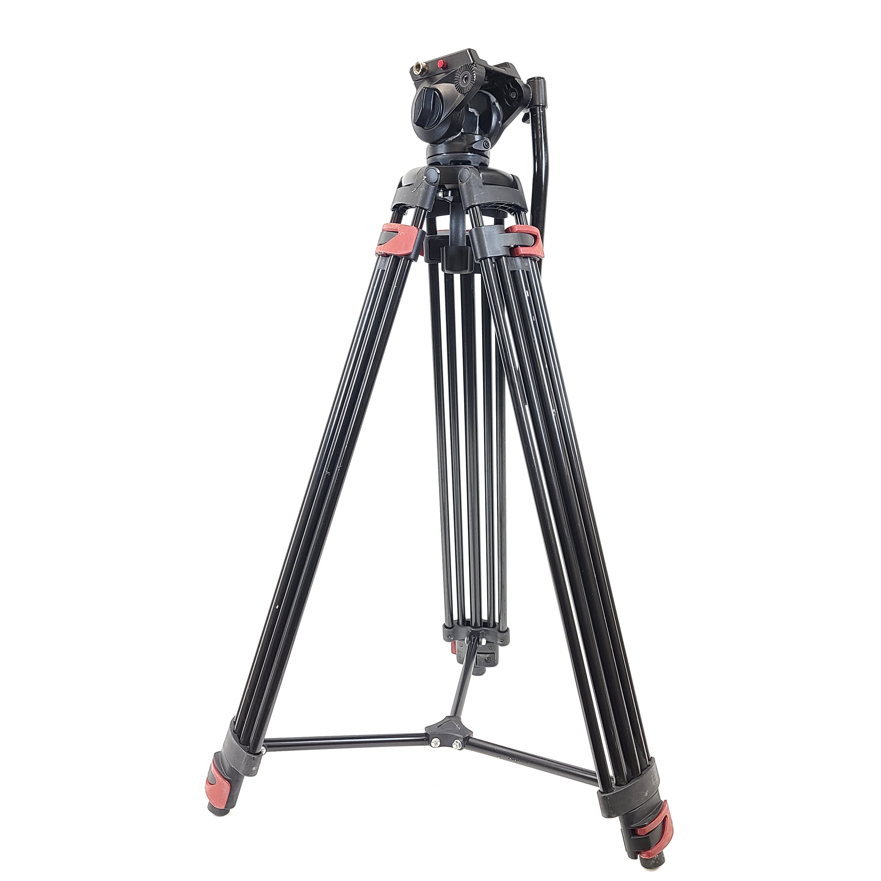Neewer black and red tripod with a fluid head and a directional lock on the head.