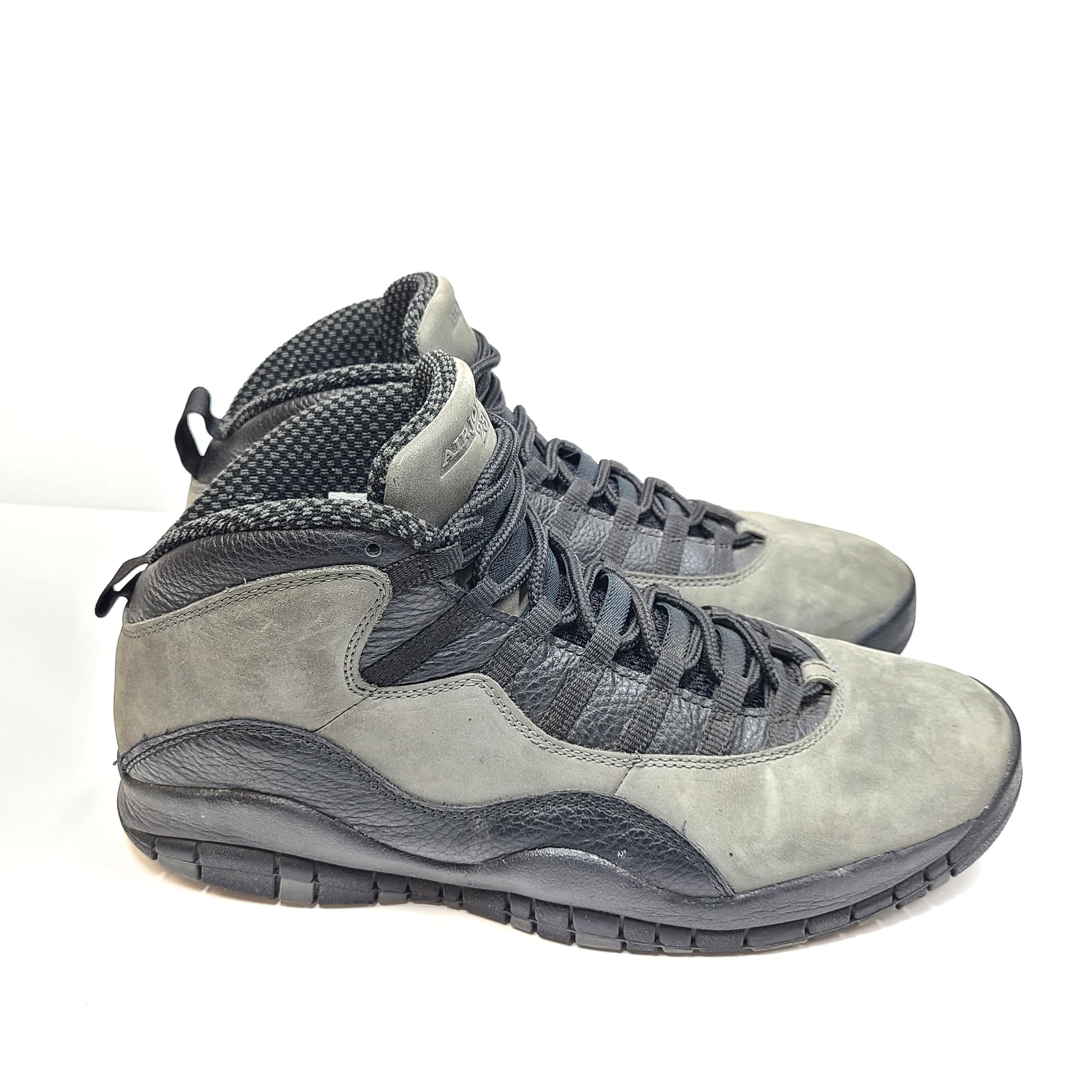 Air Jordan 10 Retro Shadow in gray and black, size US 13, with minor wear on soles and uppers.