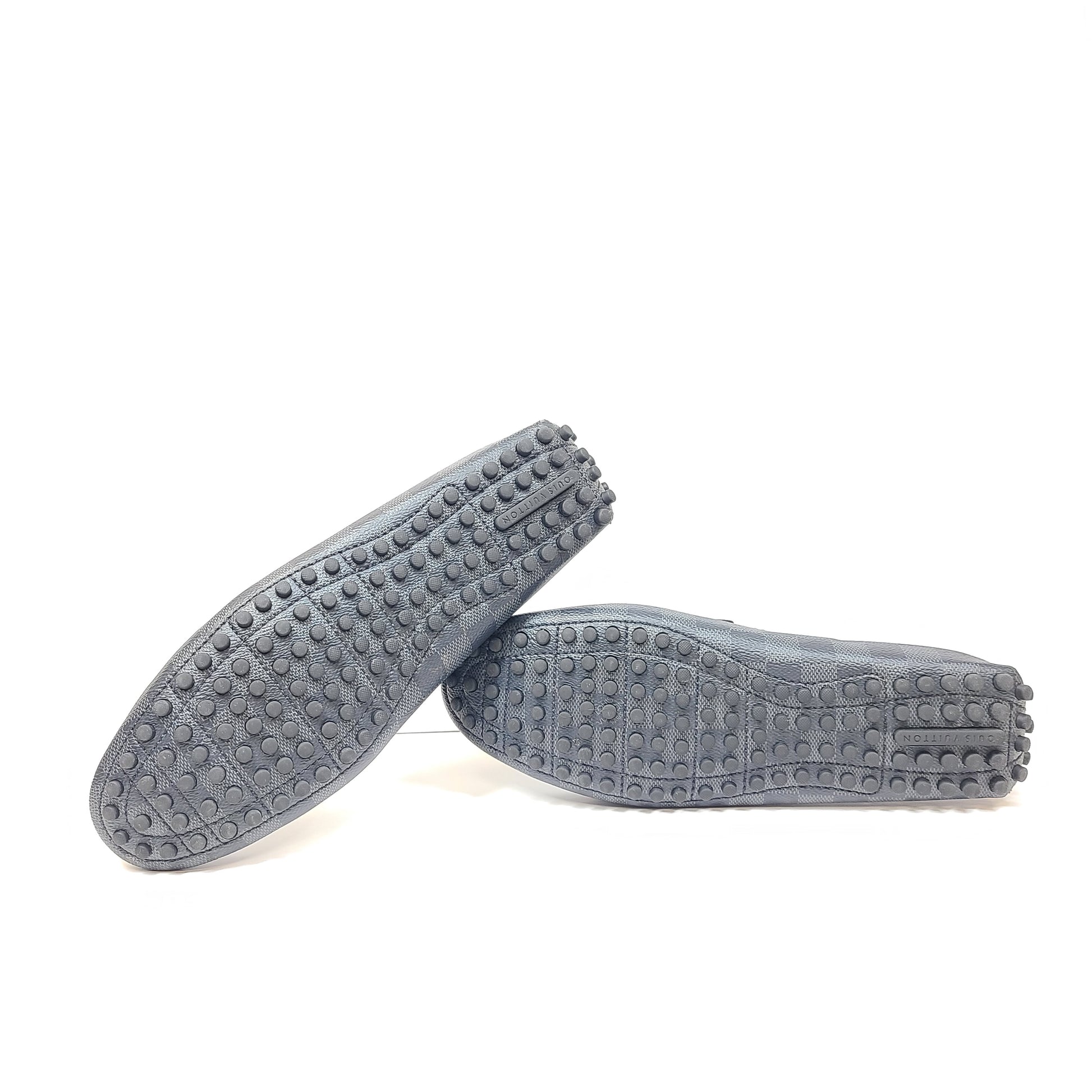 Black Louis Vuitton checkered-pattern shoes in size 8½ with matching dust bags for refined, all-day wear.