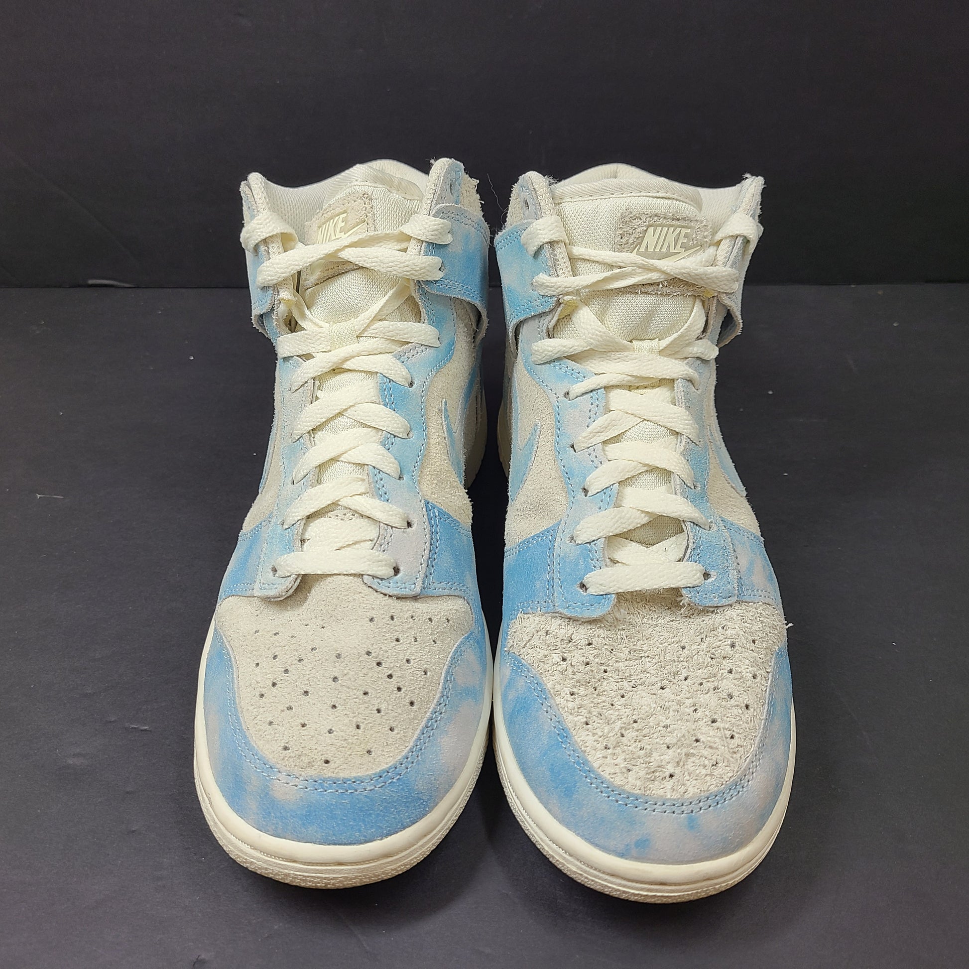 Nike Dunk High SE in Celestine Blue and Cream suede with a high-top silhouette in UK size 6.