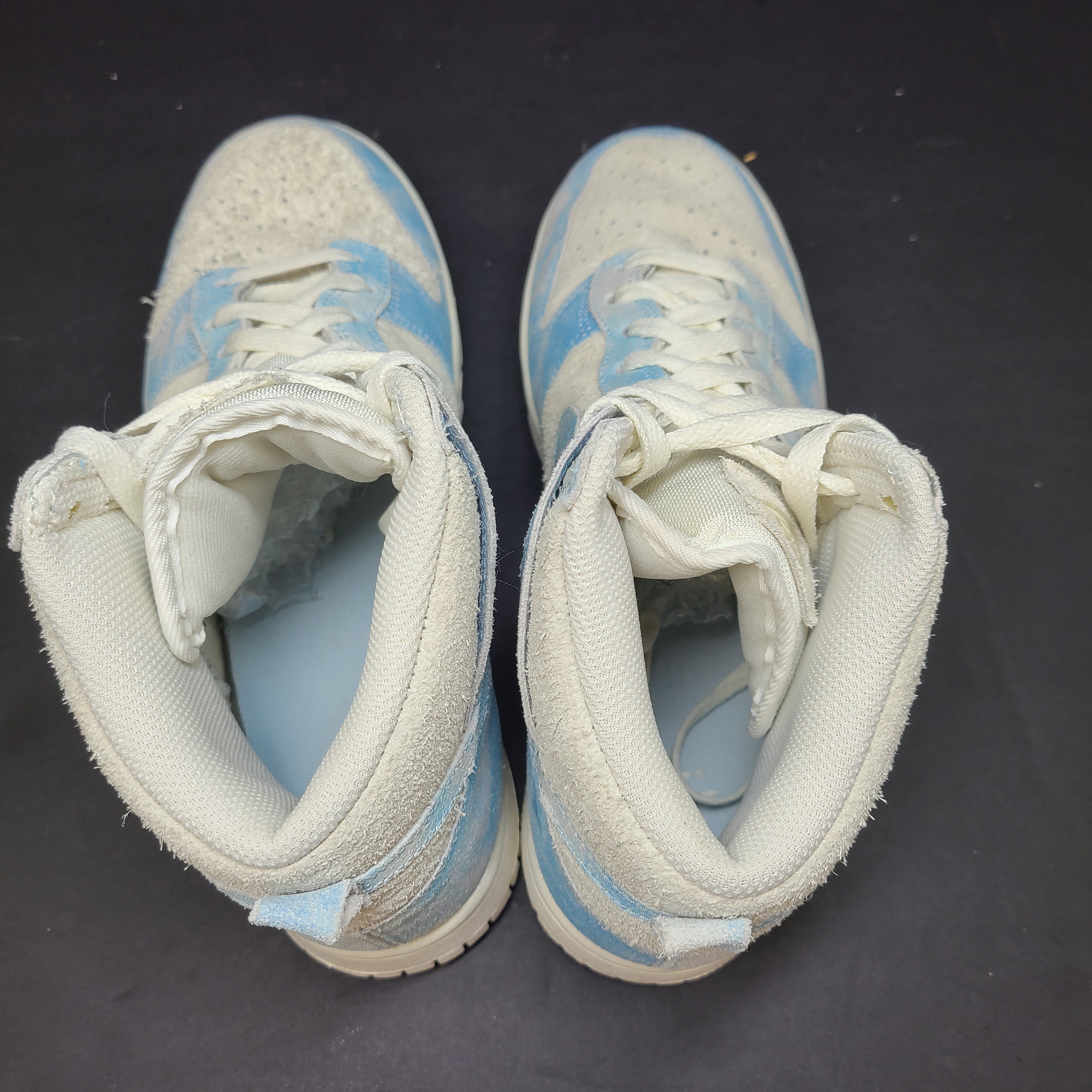 Nike Dunk High SE in Celestine Blue and Cream suede with a high-top silhouette in UK size 6.