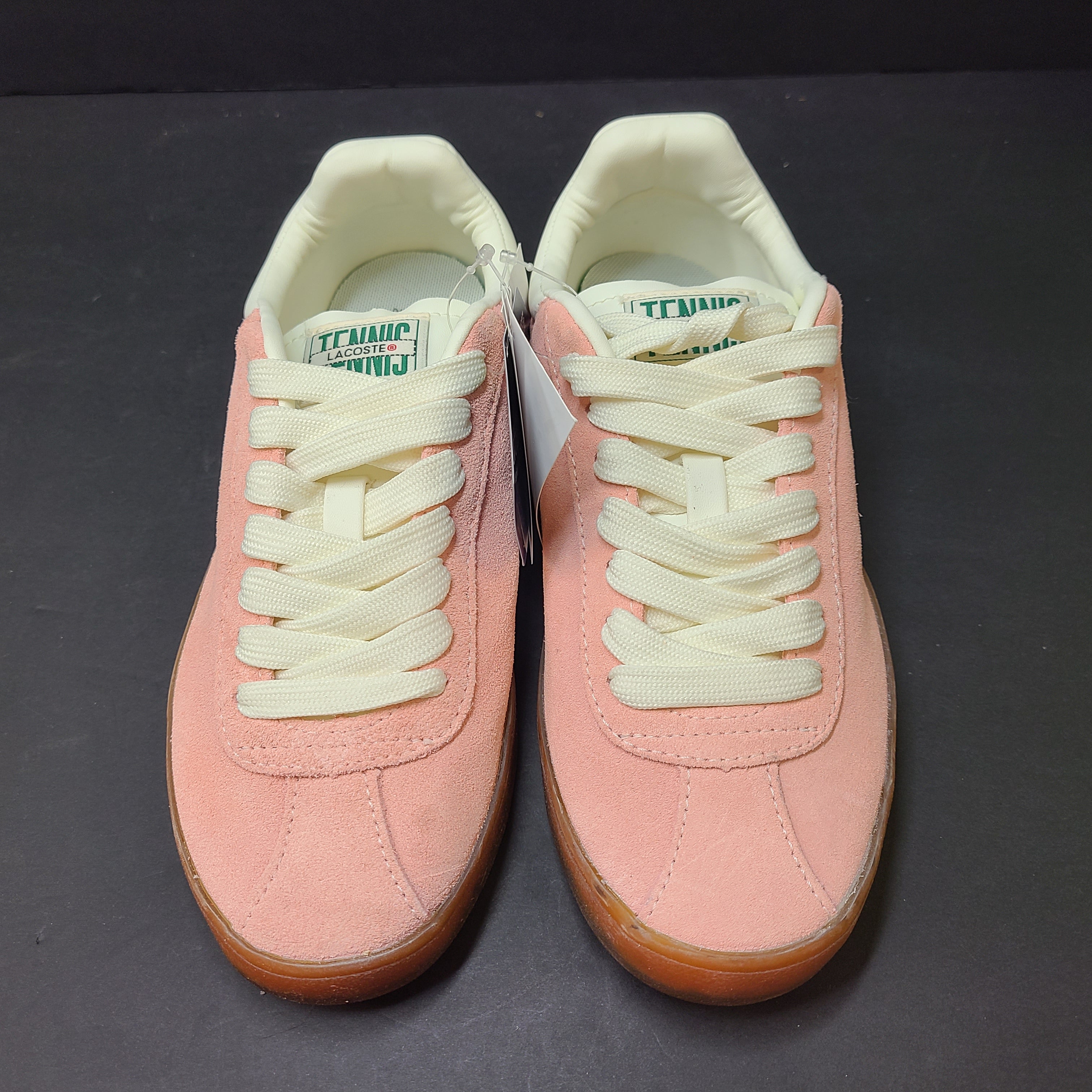 Lacoste BaseShot 223 2 SFA low-top tennis shoes in pink and cream with a gum sole, size UK4.