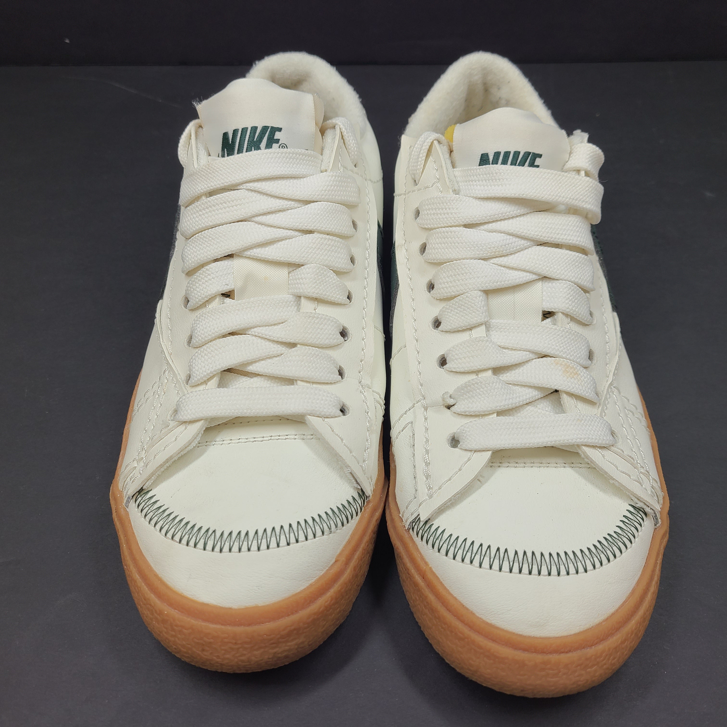 Nike Blazer Low '77 Jumbo in Off-White and Green with gum sole and oversized tongue.