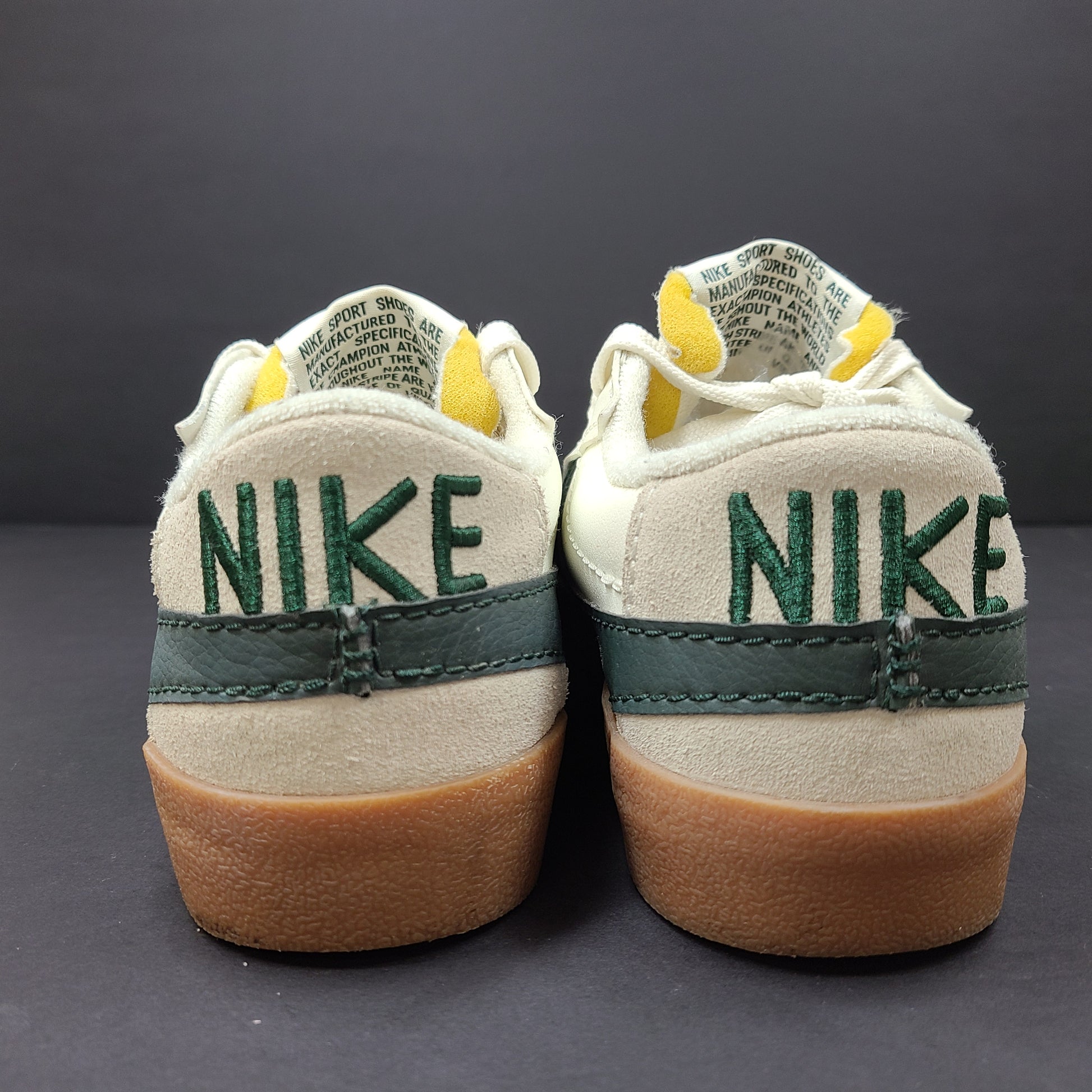 Nike Blazer Low '77 Jumbo in Off-White and Green with gum sole and oversized tongue.