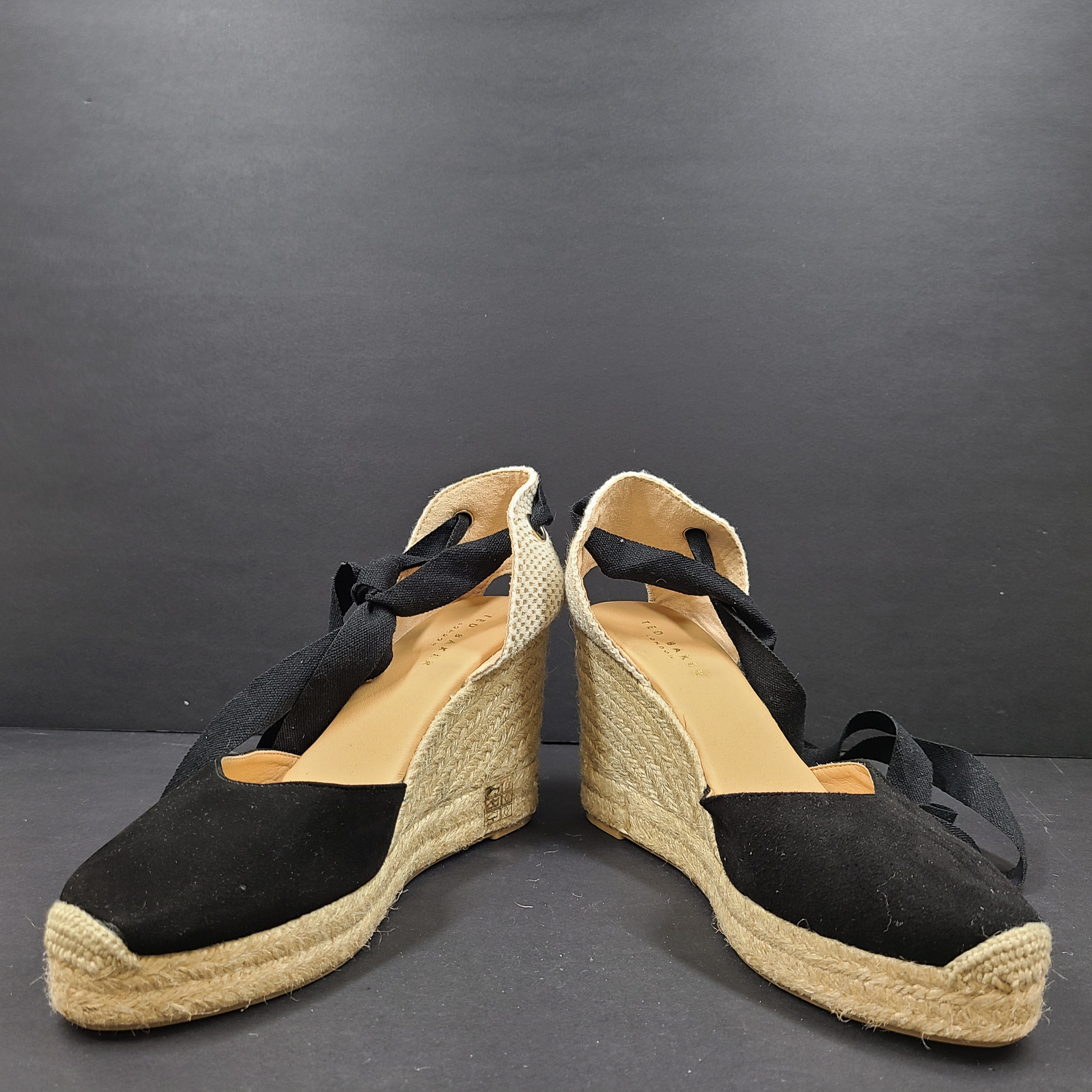Black and beige Ted Baker Gia espadrille wedge sandals in women's EU 40, made in Spain.