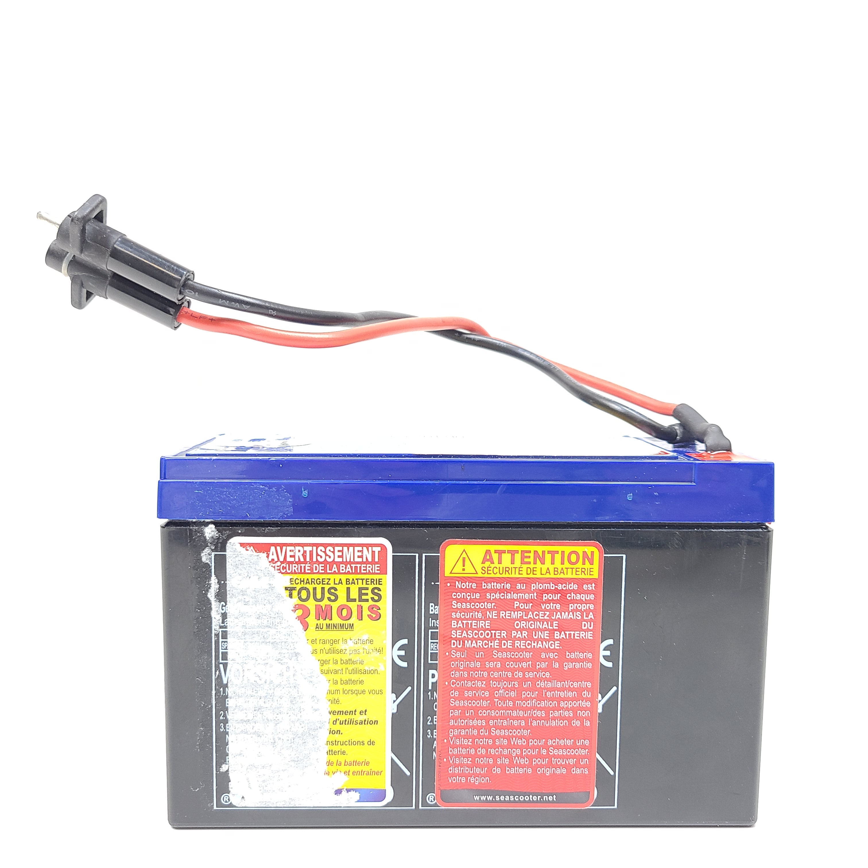 Blue and black sealed 12V 7.5Ah Seascooter lead-acid battery with attached cables and connectors.