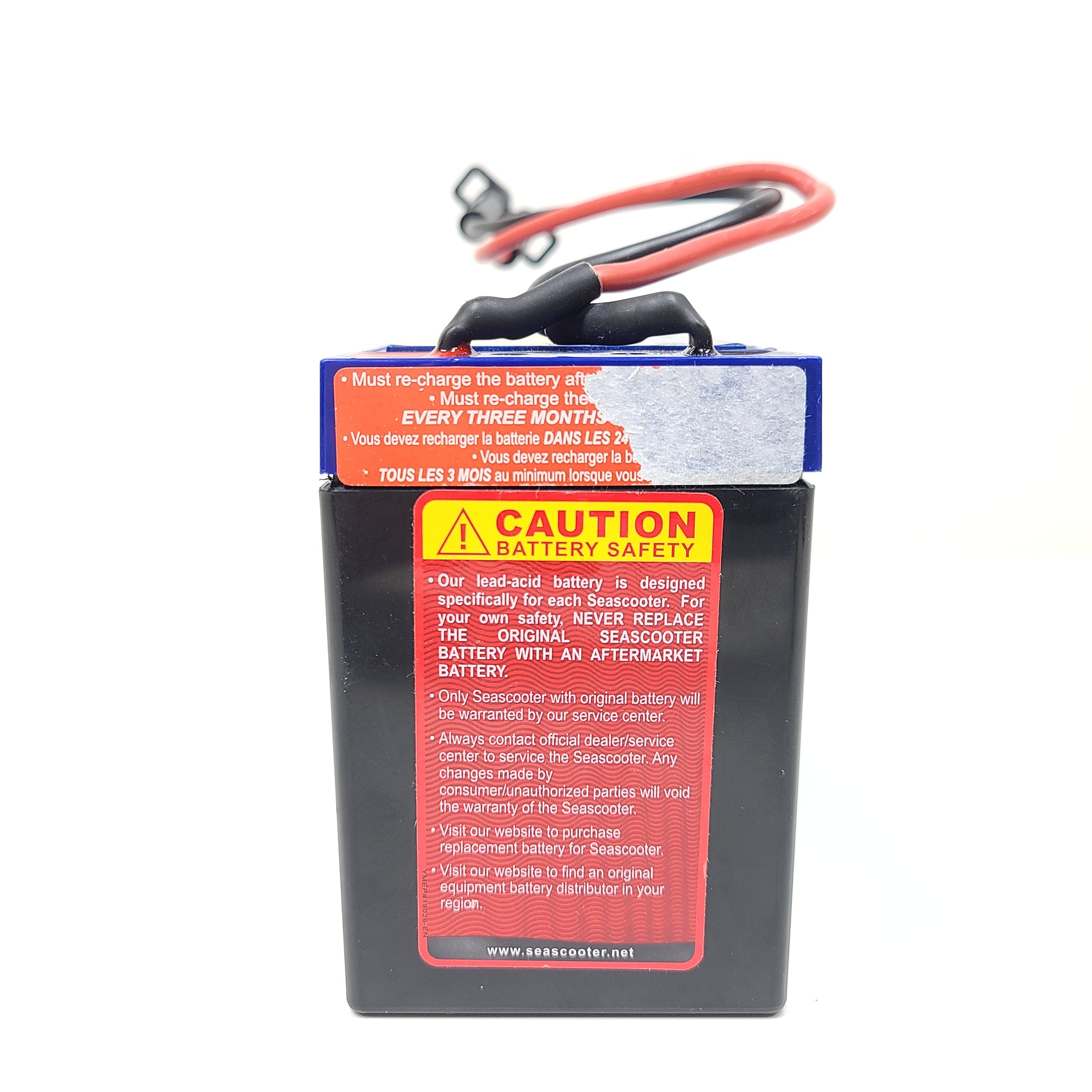 Blue and black sealed 12V 7.5Ah Seascooter lead-acid battery with attached cables and connectors.
