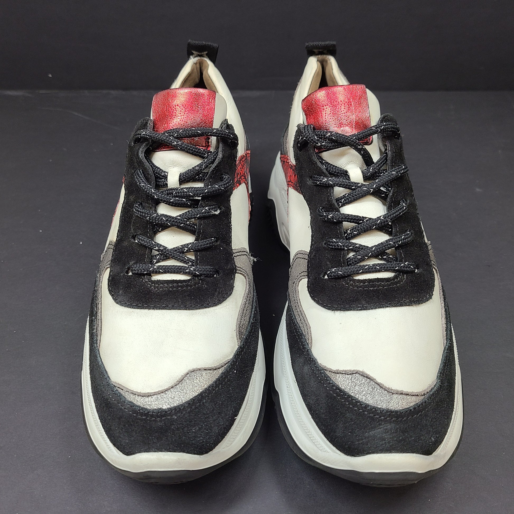 Paul Green multicolor women's sneakers size 6.5 with white, black and red accents and branded "pg" sole.