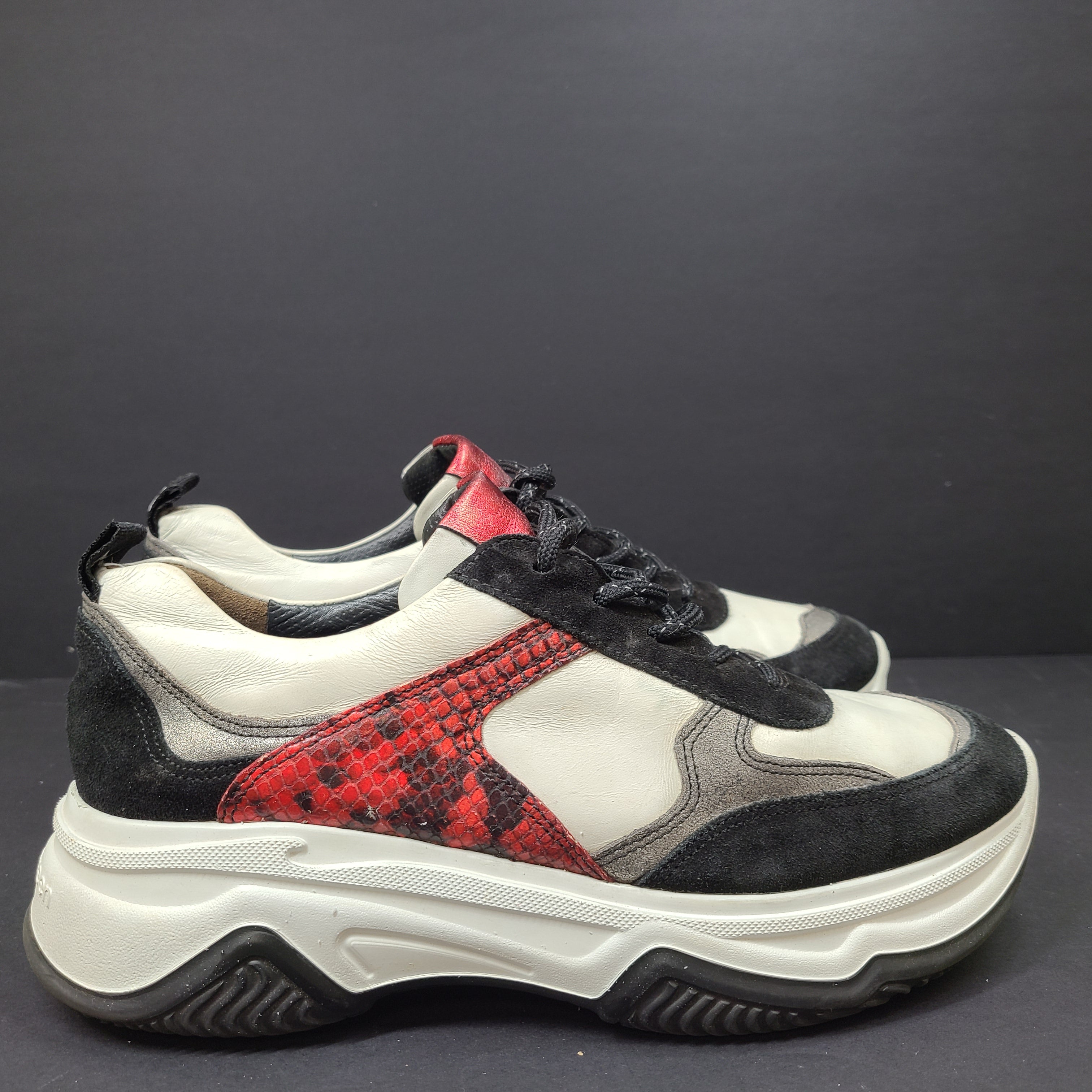 Paul Green multicolor women's sneakers size 6.5 with white, black and red accents and branded "pg" sole.