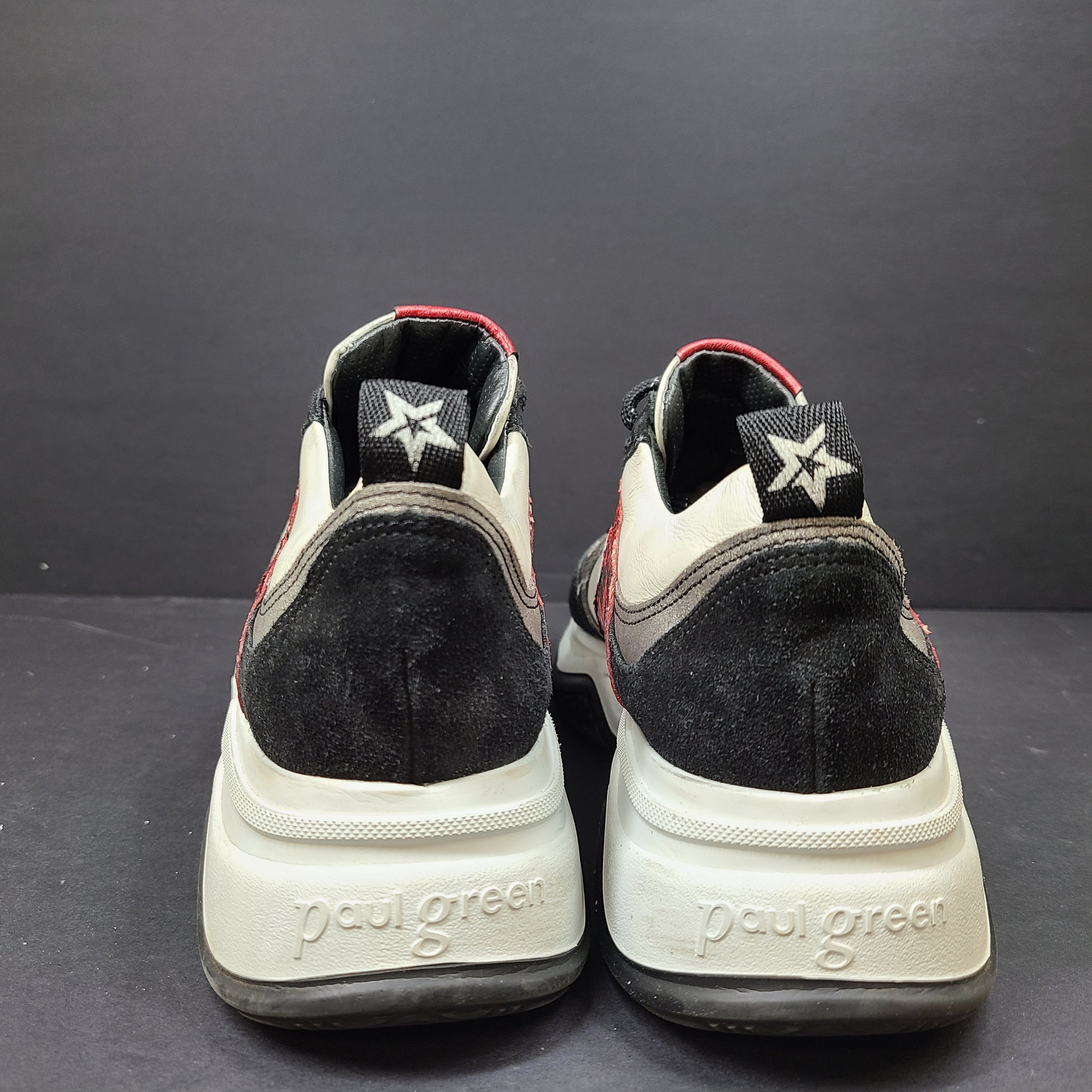 Paul Green multicolor women's sneakers size 6.5 with white, black and red accents and branded "pg" sole.
