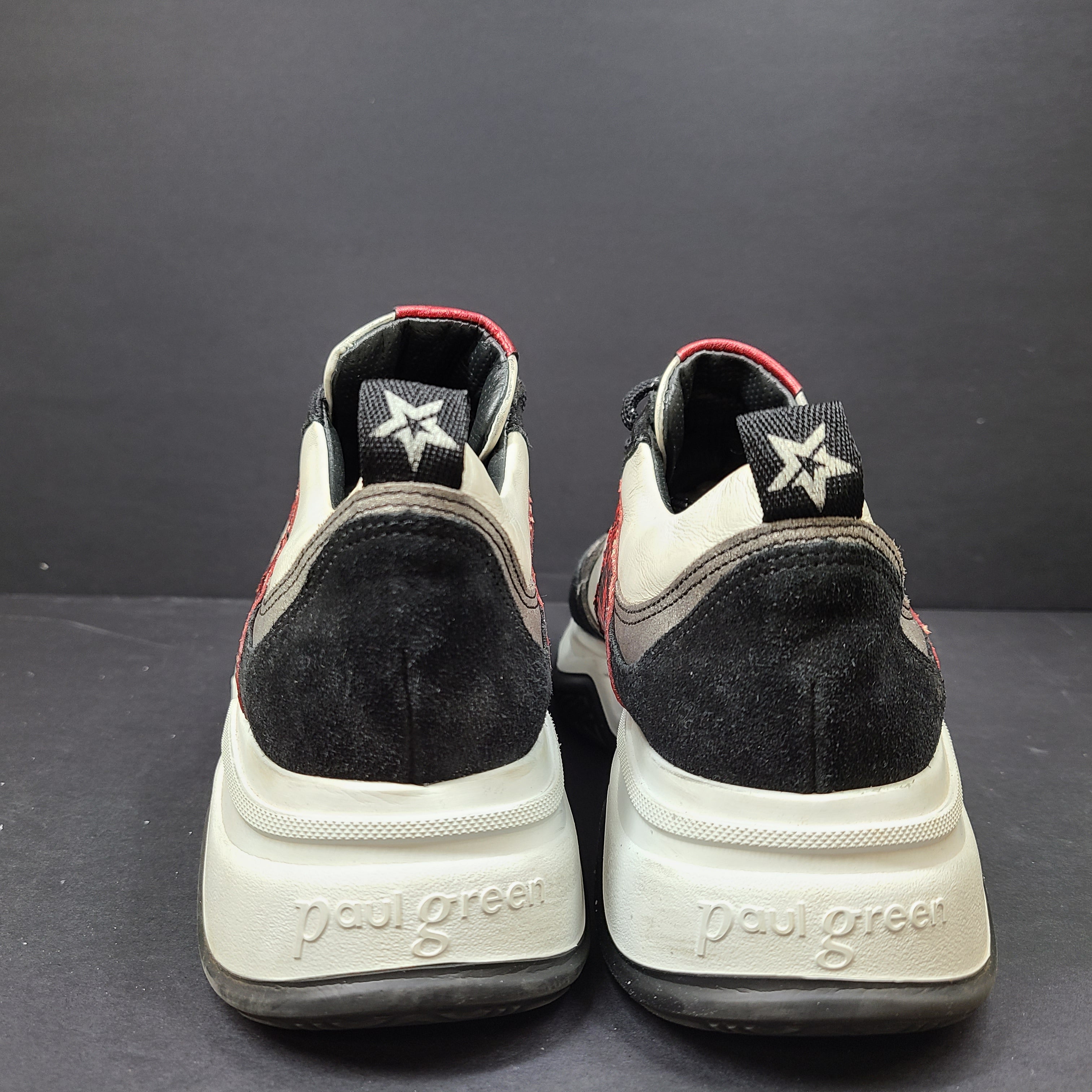 Paul Green multicolor women's sneakers size 6.5 with white, black and red accents and branded "pg" sole.
