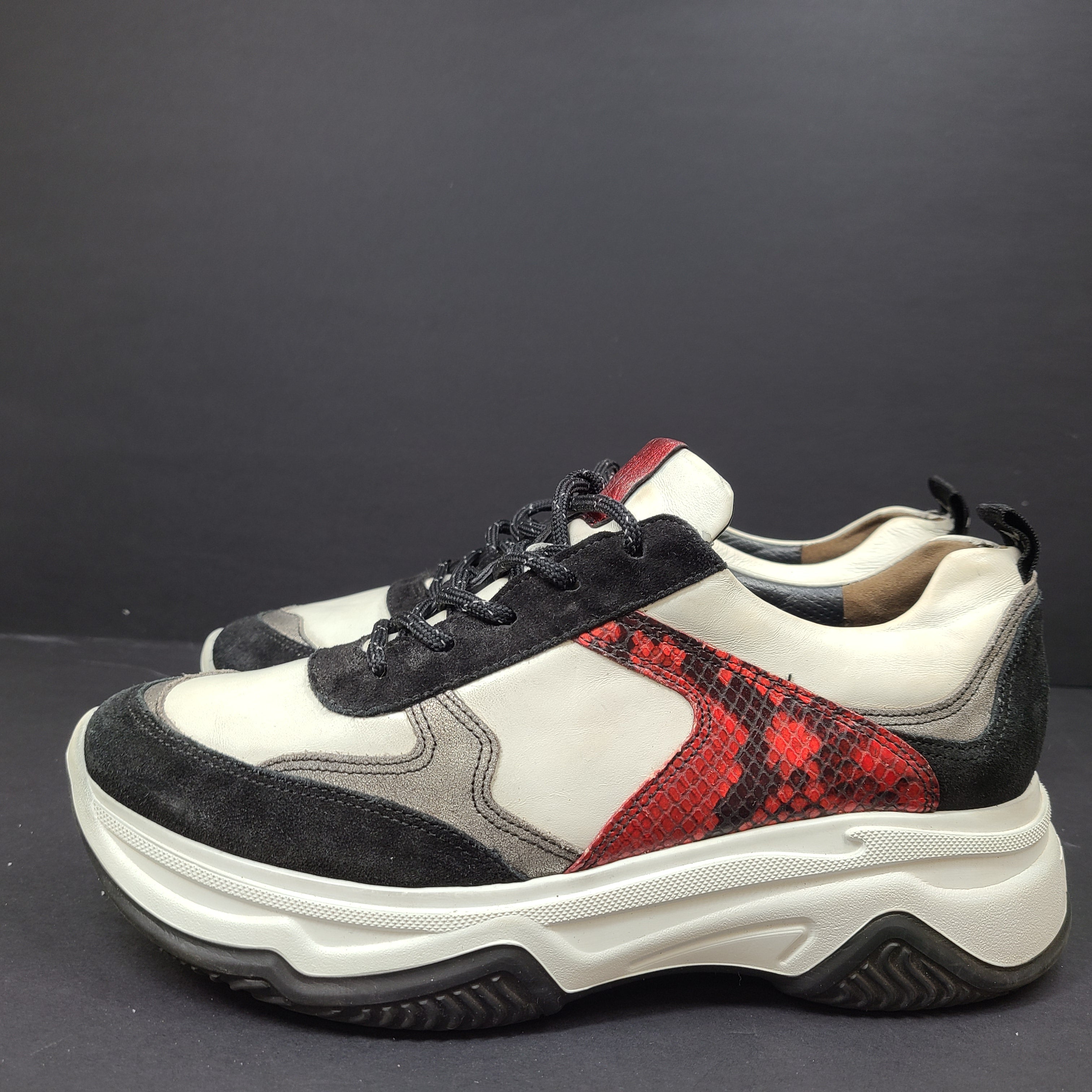 Paul Green multicolor women's sneakers size 6.5 with white, black and red accents and branded "pg" sole.