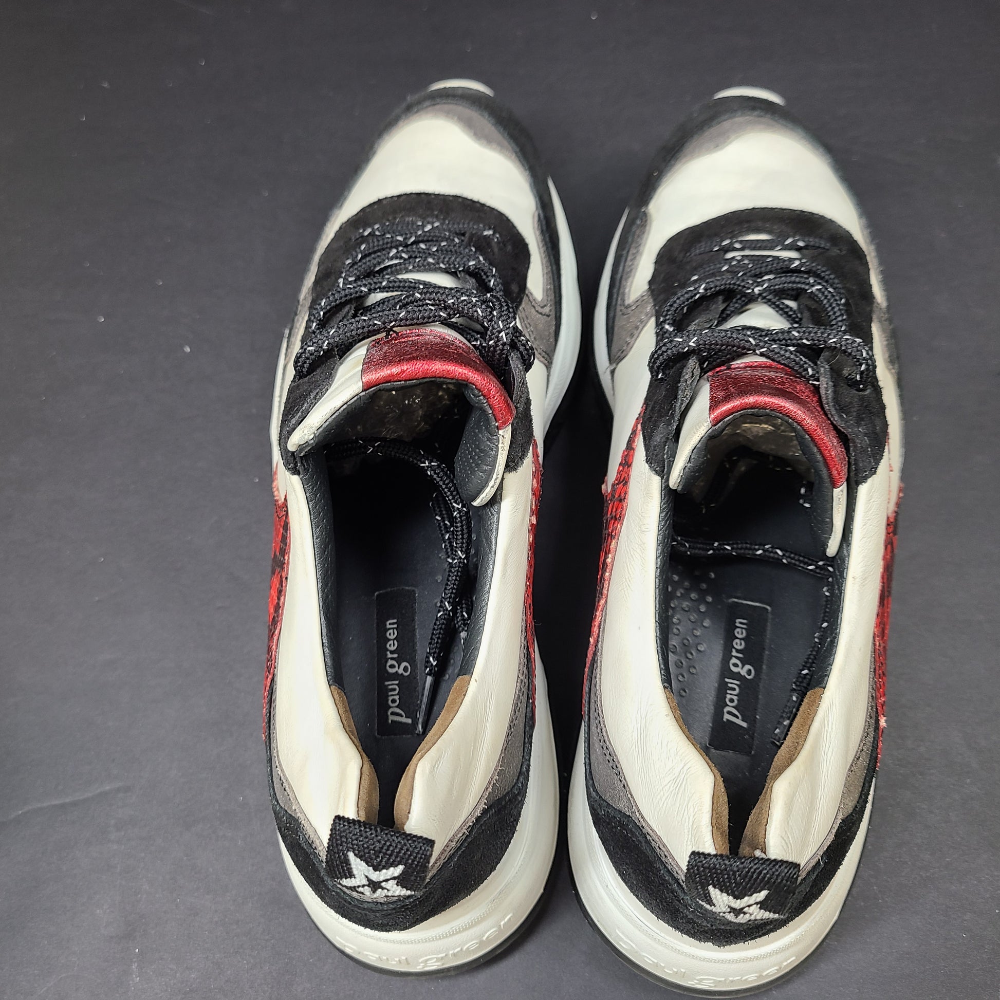 Paul Green multicolor women's sneakers size 6.5 with white, black and red accents and branded "pg" sole.