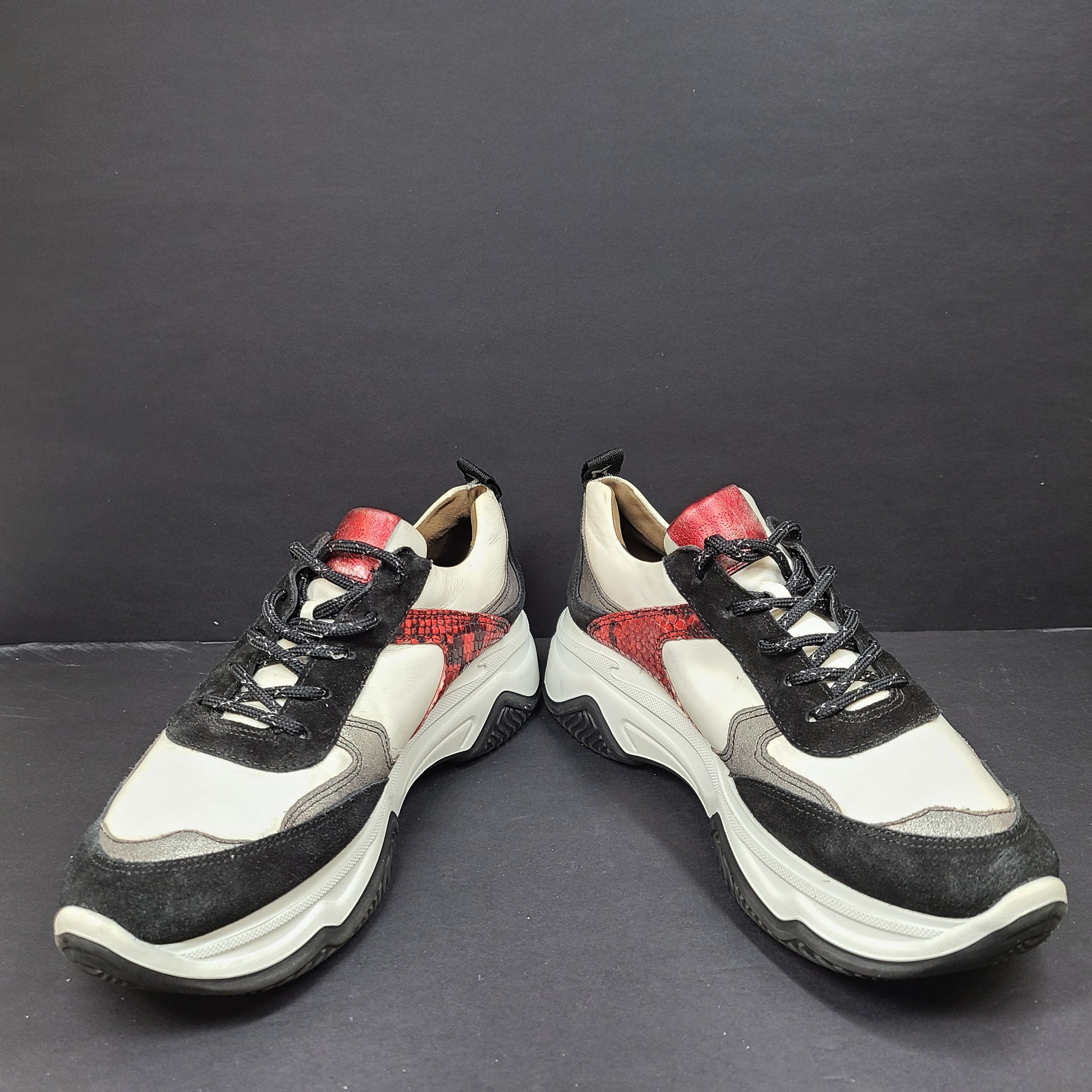Paul Green multicolor women's sneakers size 6.5 with white, black and red accents and branded "pg" sole.